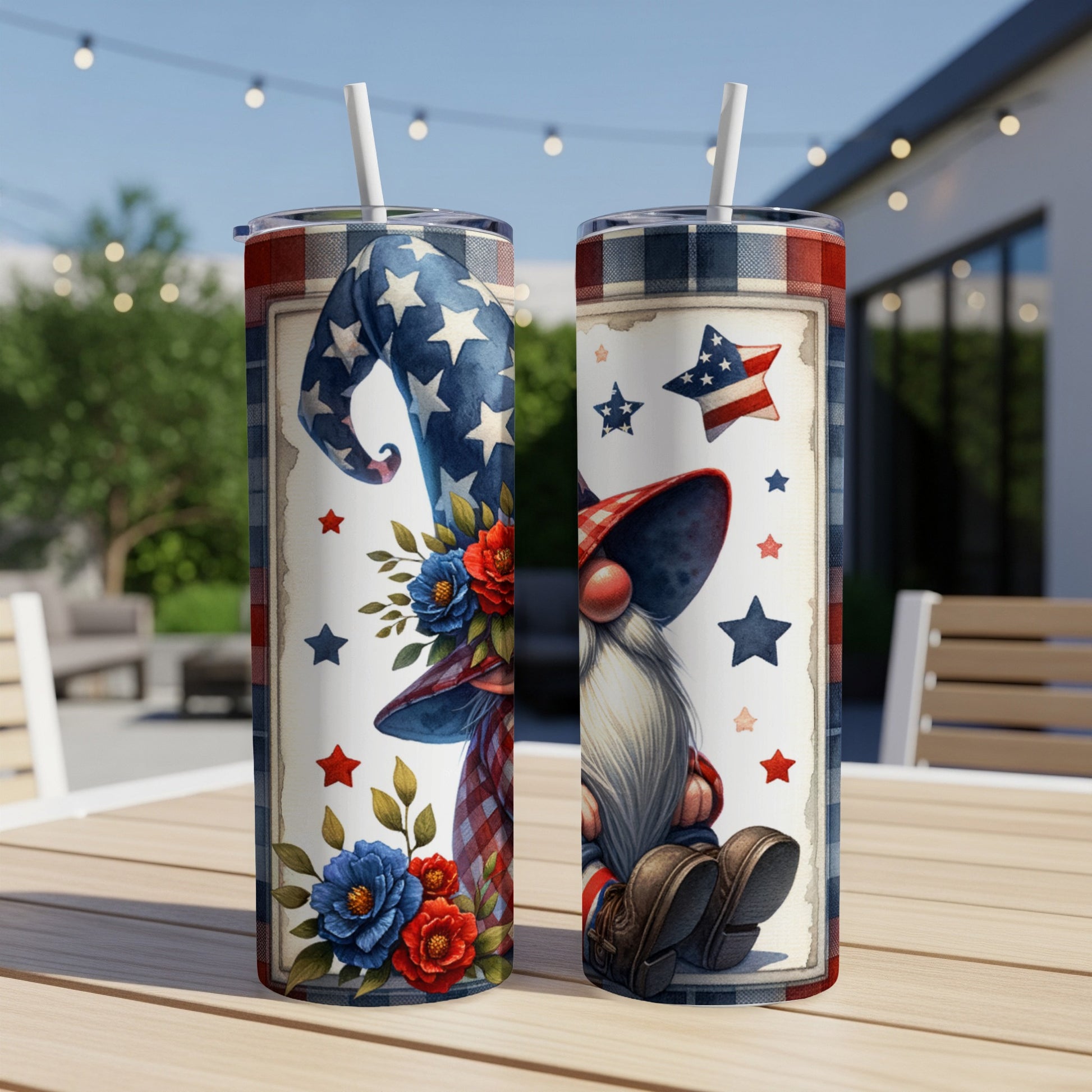 Two patriotic gnomes with stars and stripes on tumblers.