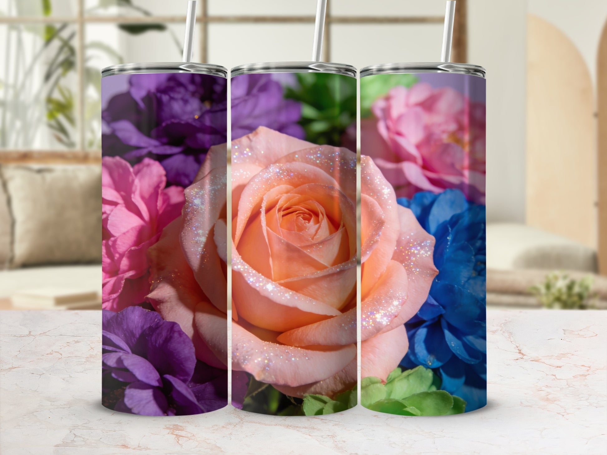 Colorful Floral Design Glittery Tumbler Insulated Drinkware