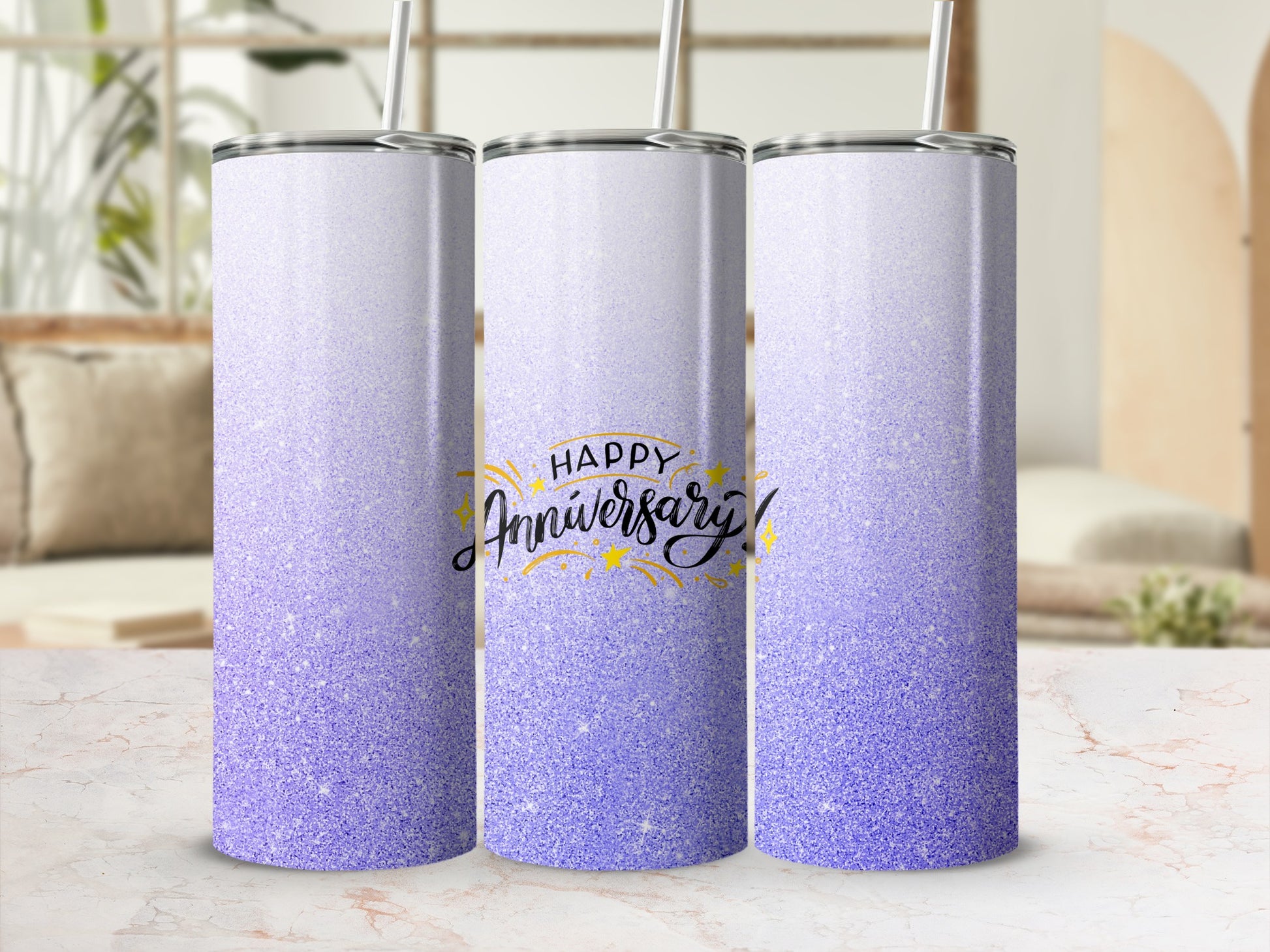 Purple ombre glitter tumbler with "Happy Anniversary" text.