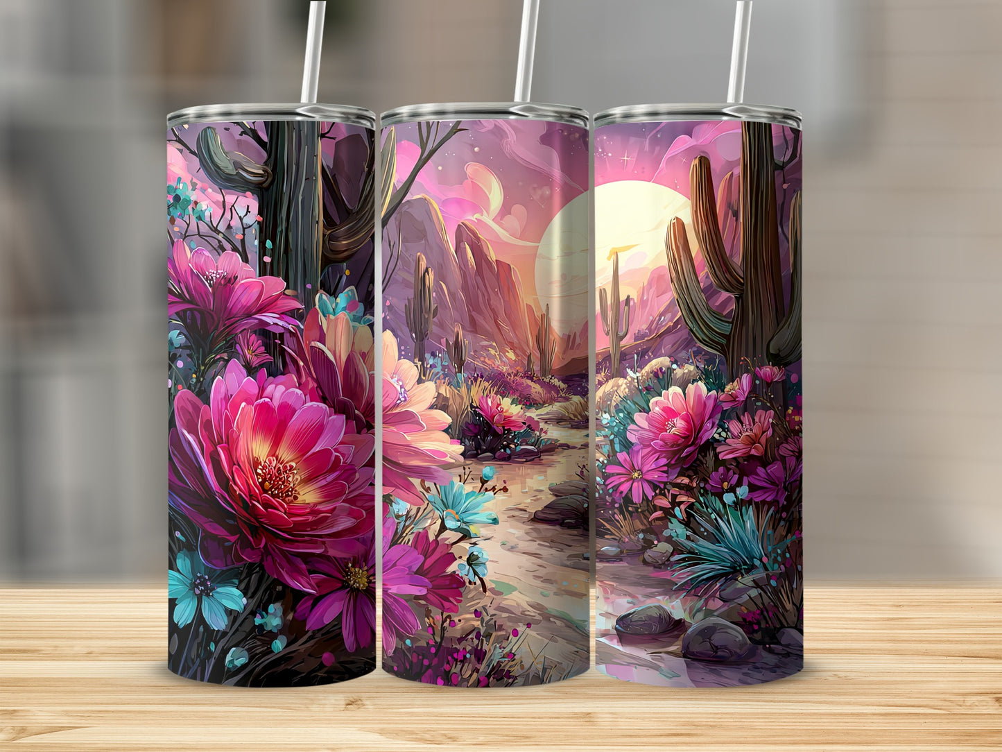 Vibrant Floral and Desert Landscape Artwork Tumbler