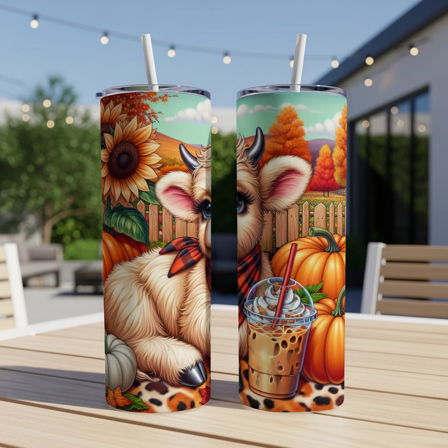 Two tumblers with a cute cow and pumpkin fall theme.