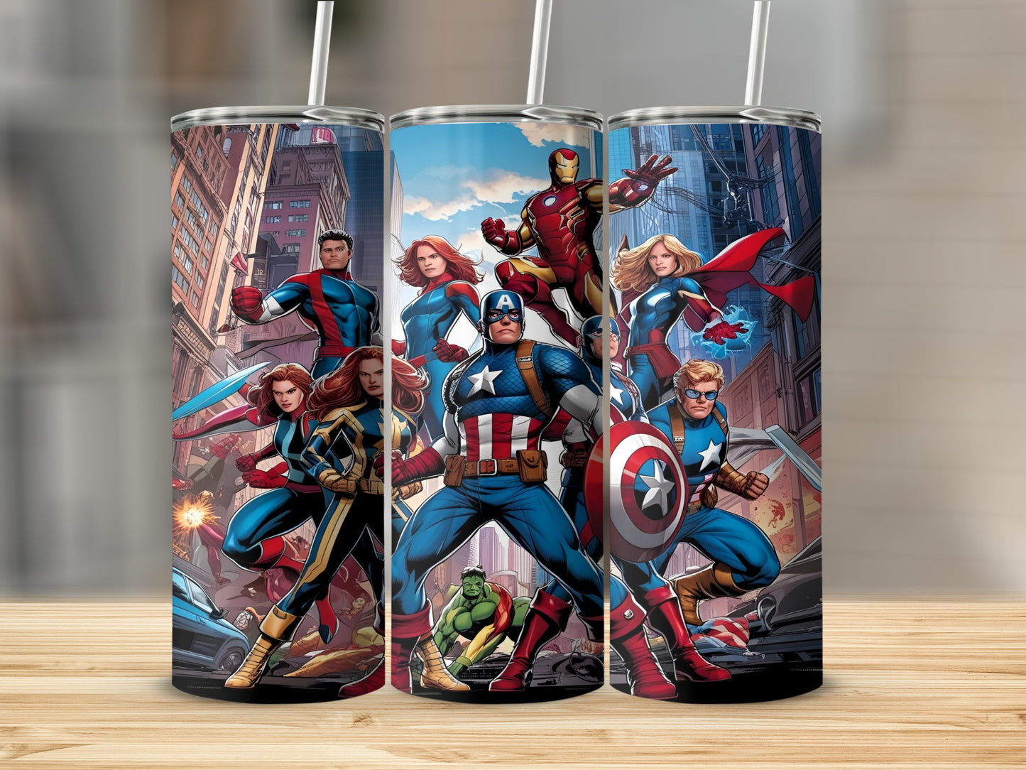 Avengers superheroes assemble in front of a city skyline, printed on three tumblers.