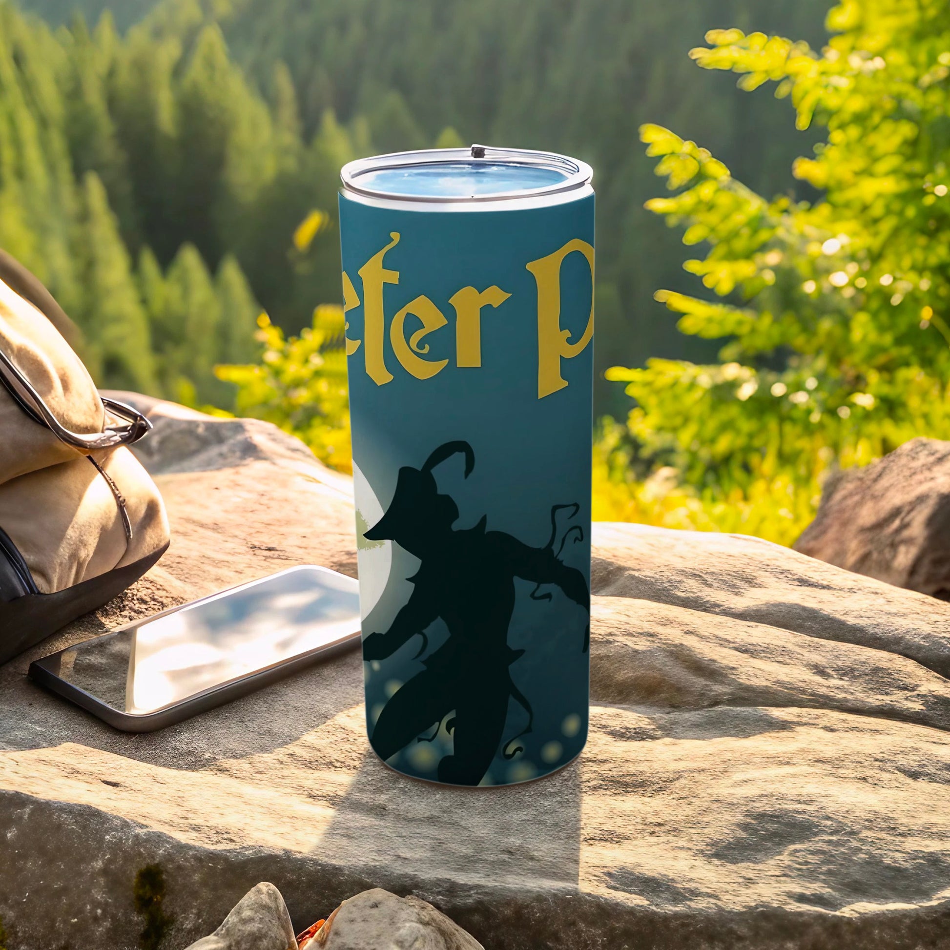 Peter Pan themed tumbler with scenic forest background