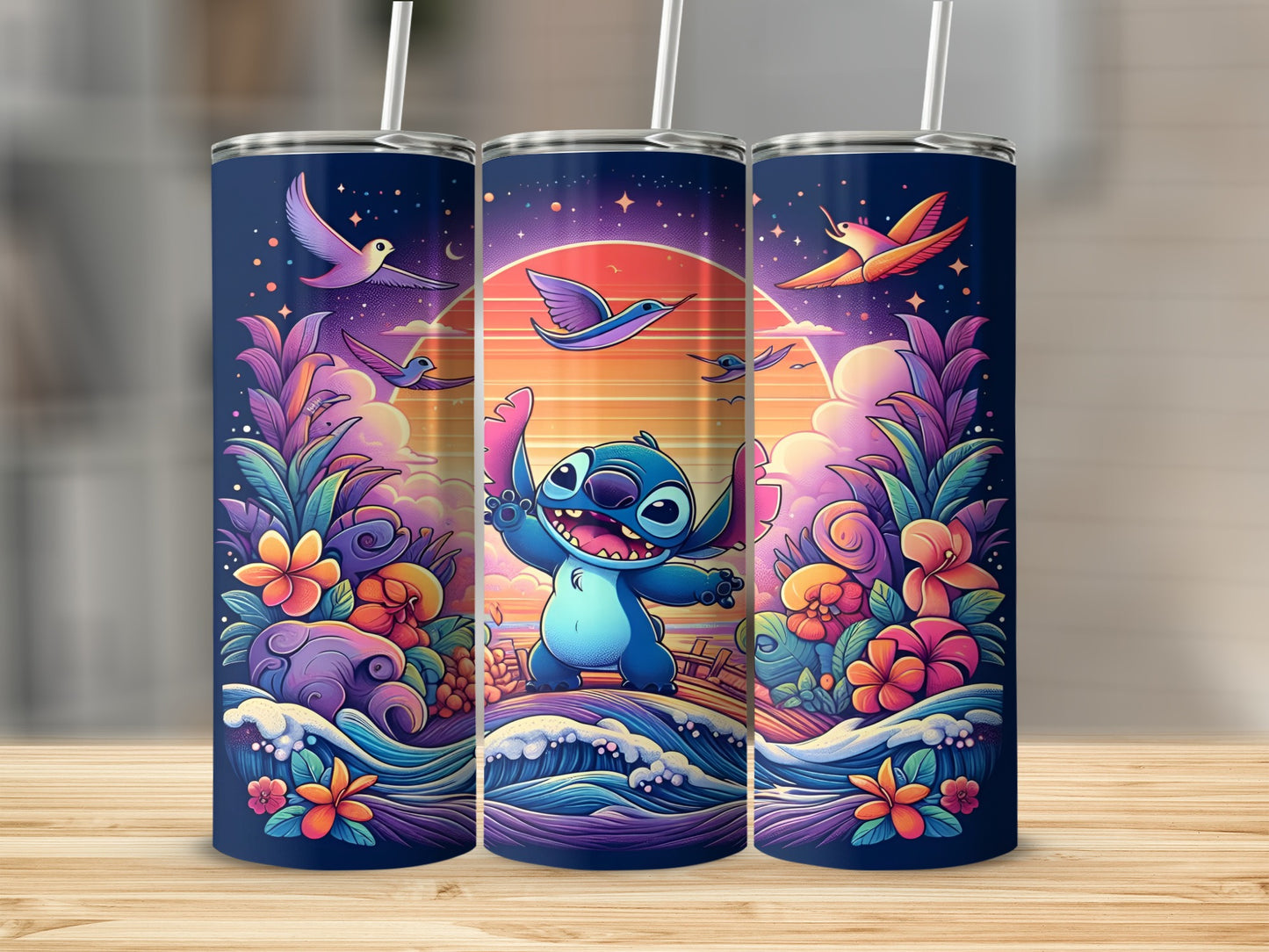 Stitch character on a beach at sunset with waves and tropical flowers.