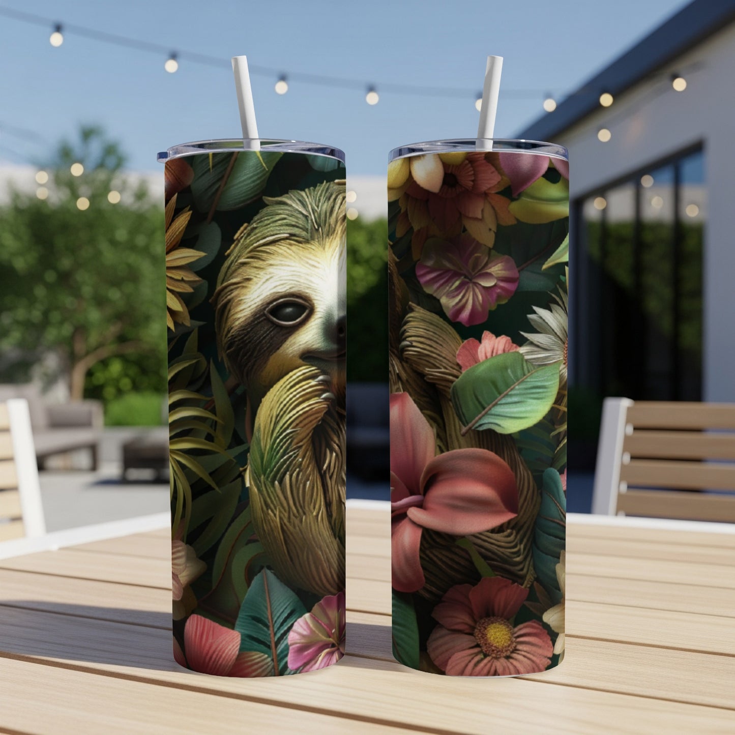 Sloth face surrounded by tropical flowers and leaves on a skinny tumbler.