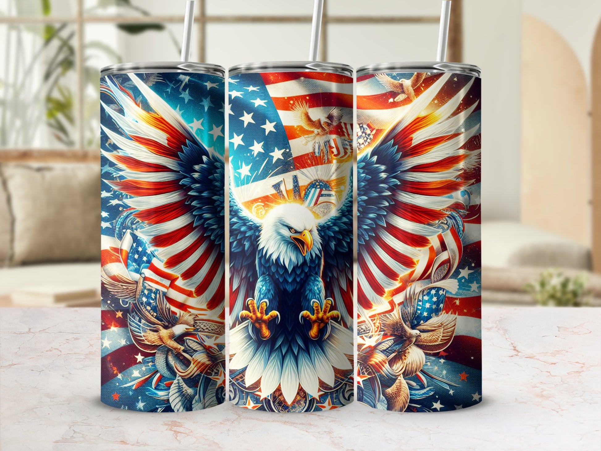 Eagle with American flag wings on a patriotic tumbler.