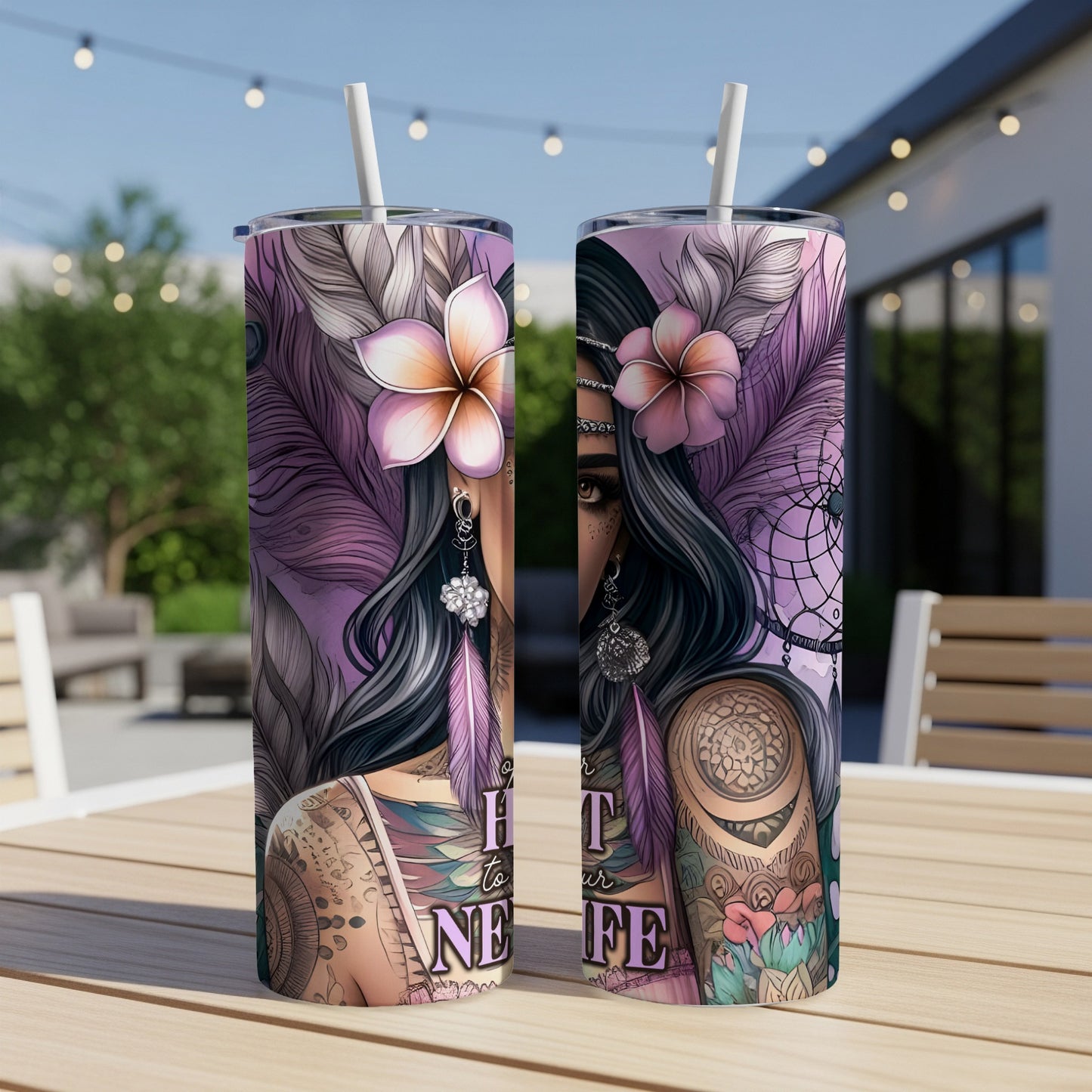 Bohemian woman with tattoos and feathers on a purple tumbler.