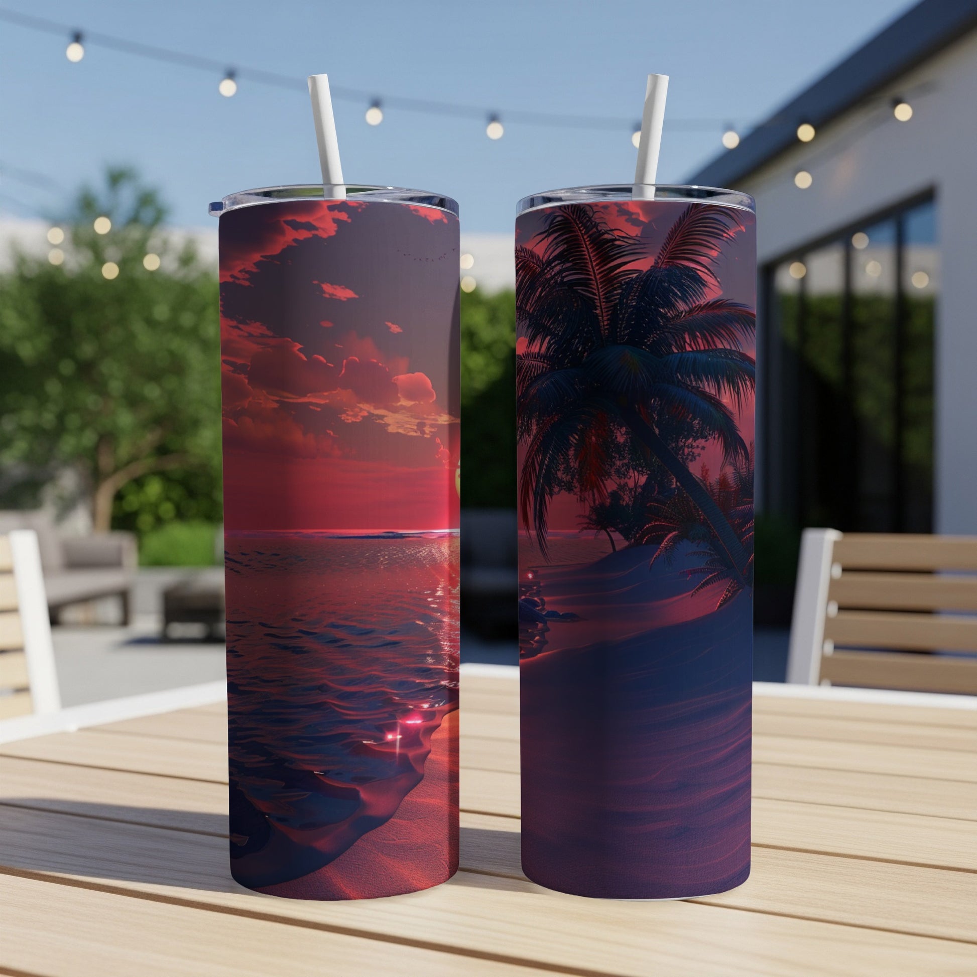 Two tumblers on a table with a beach sunset design.