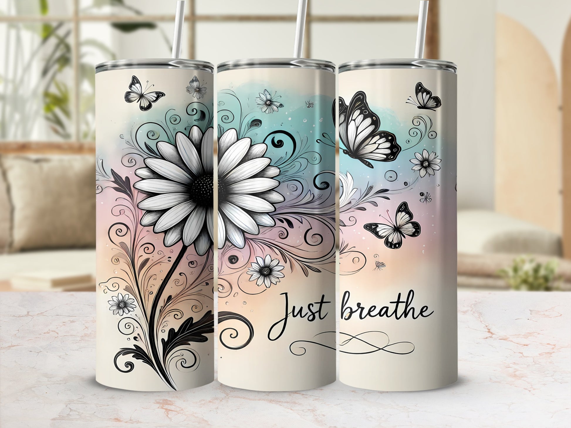 White daisy and butterflies on a watercolor background with "Just breathe" text.
