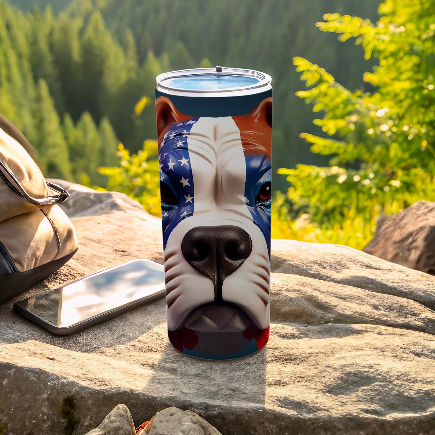 Tumbler with a pit bull dog face design, patriotic colors.