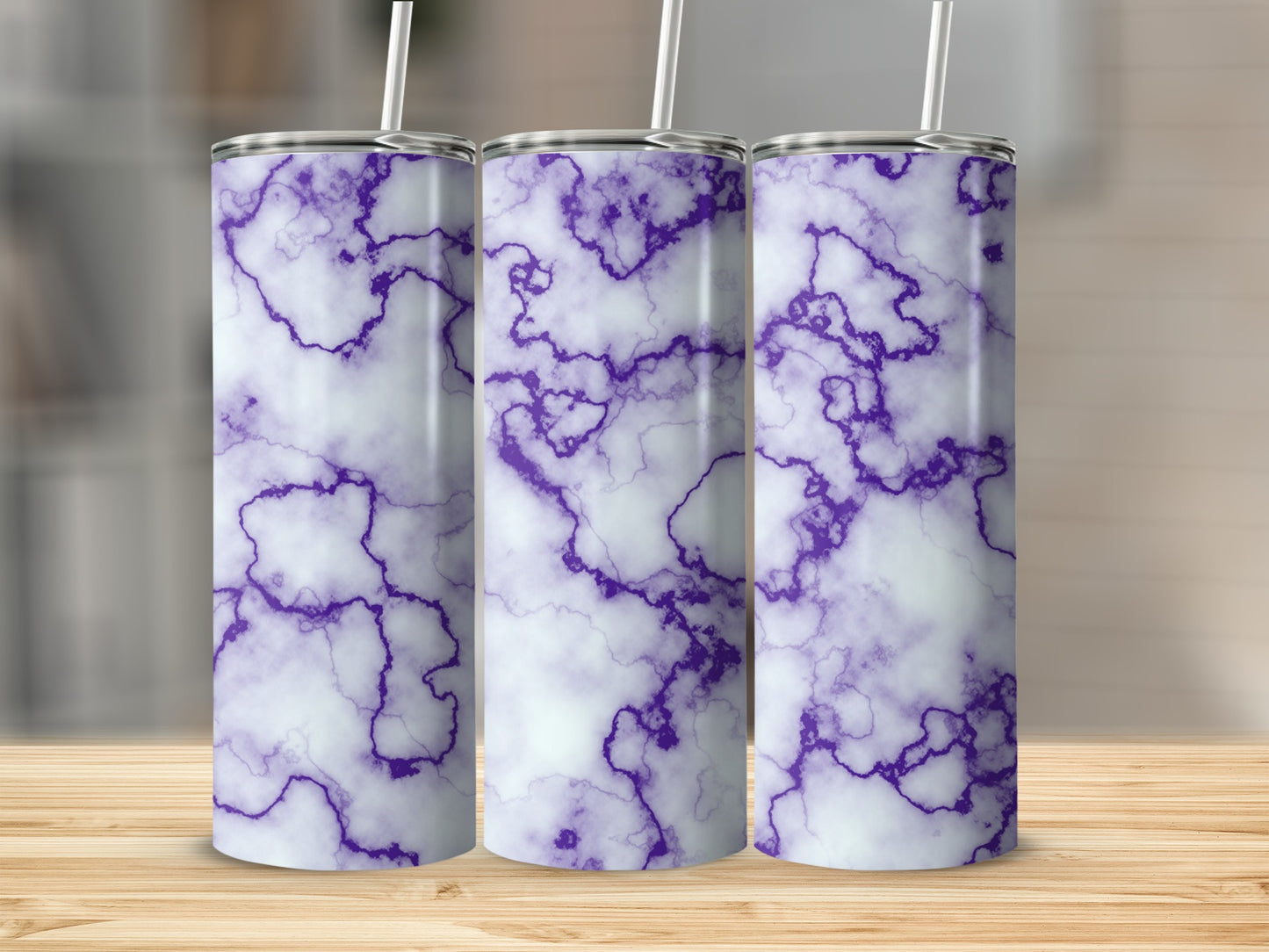 Three tall tumblers with a purple and white marble pattern.