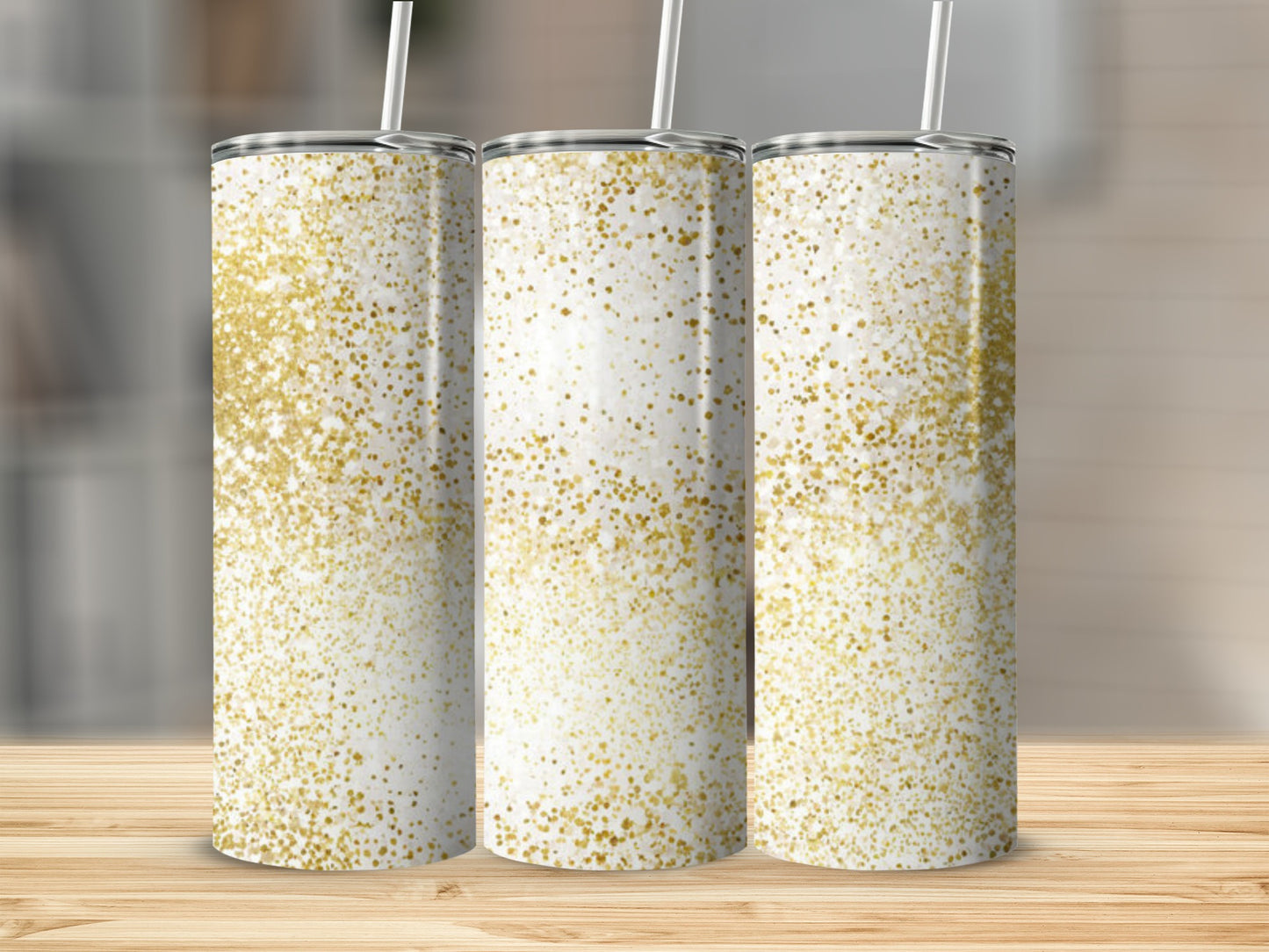 Three tumblers with white backgrounds and scattered gold glitter accents.