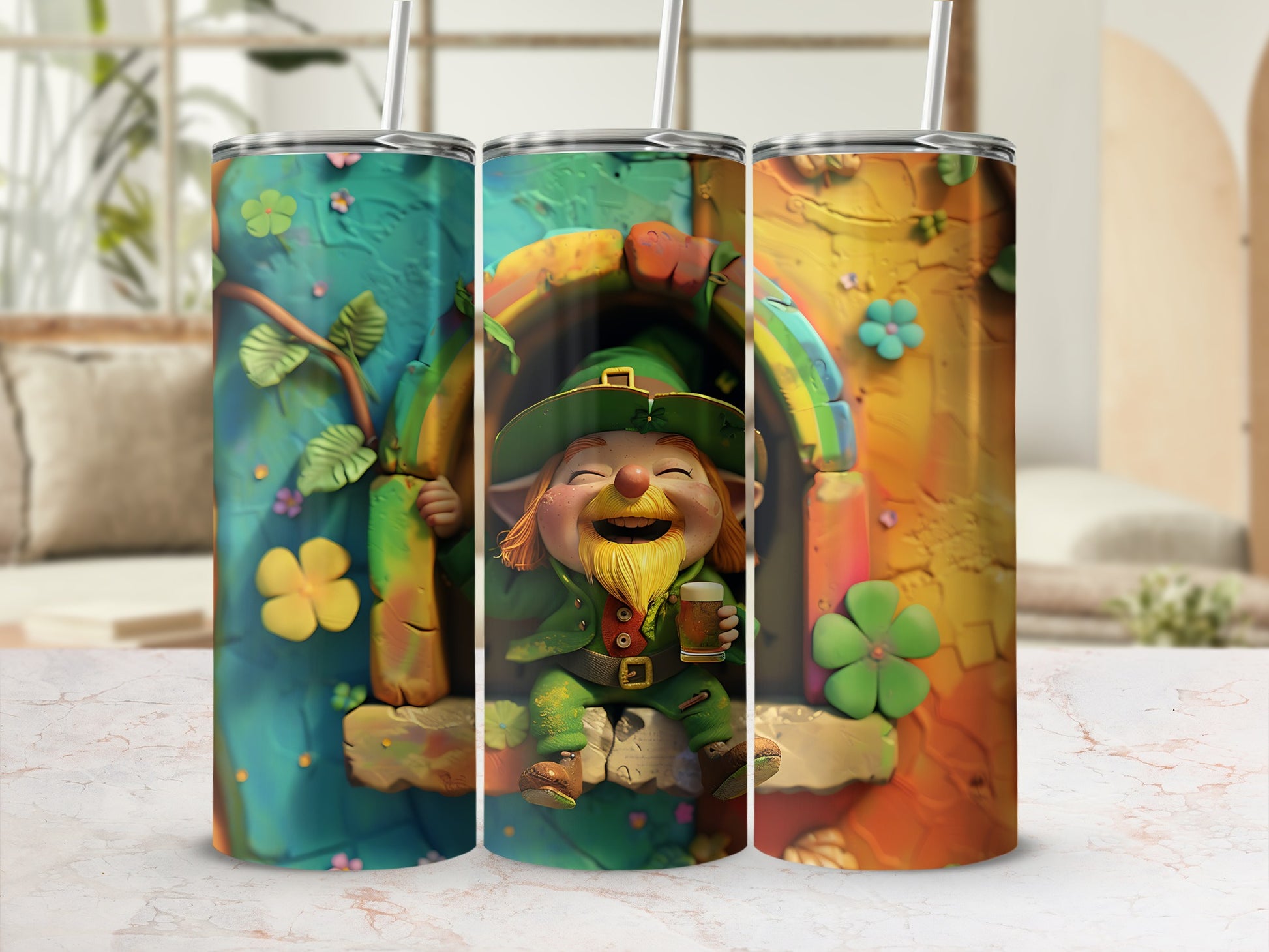 Leprechaun in a colorful archway holding a drink and a clover.