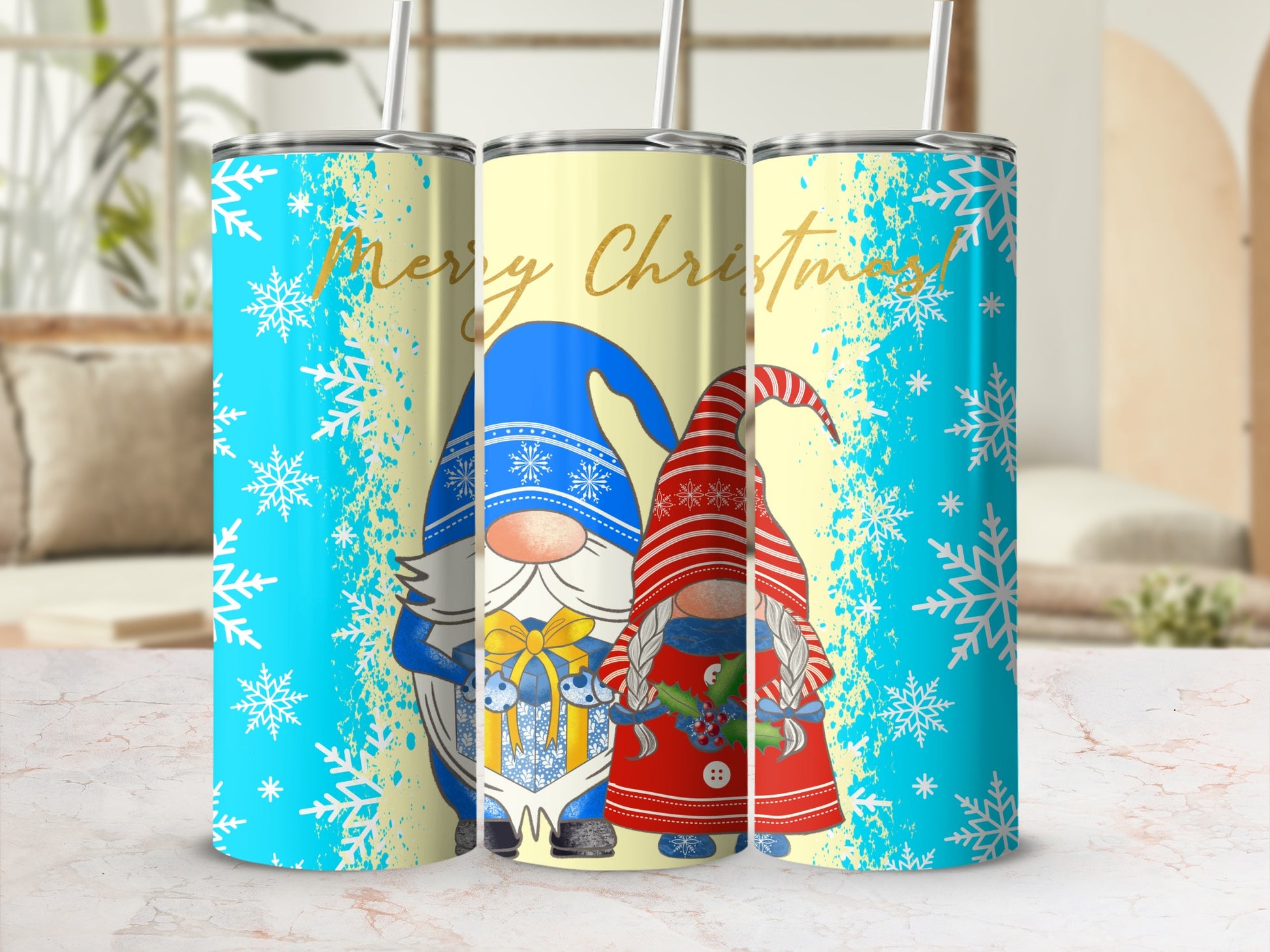 Two gnomes, one holding a gift, on a background with snowflakes and "Merry Christmas".