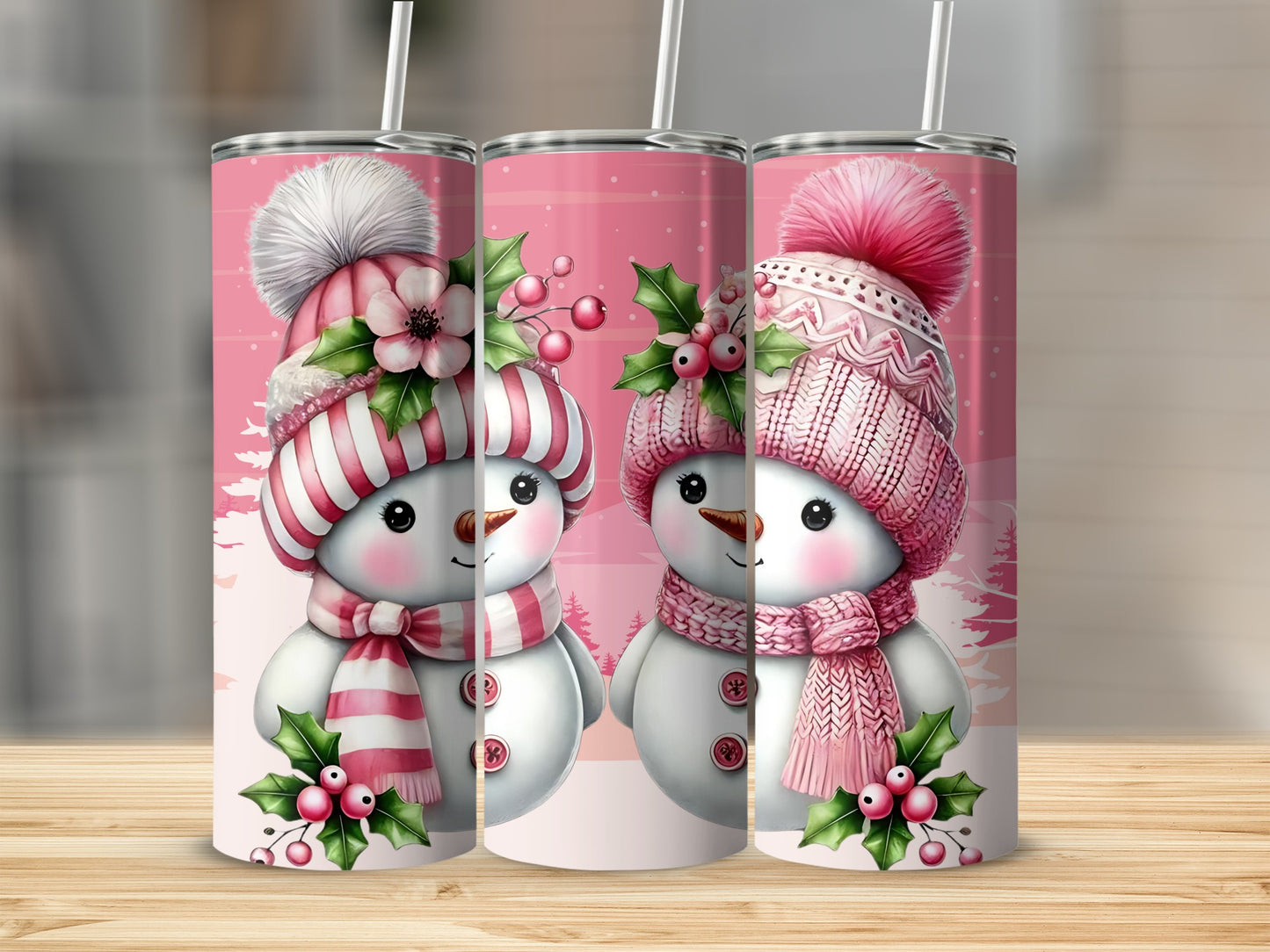 Cute Pink Snowman Tumblers with Festive Designs
