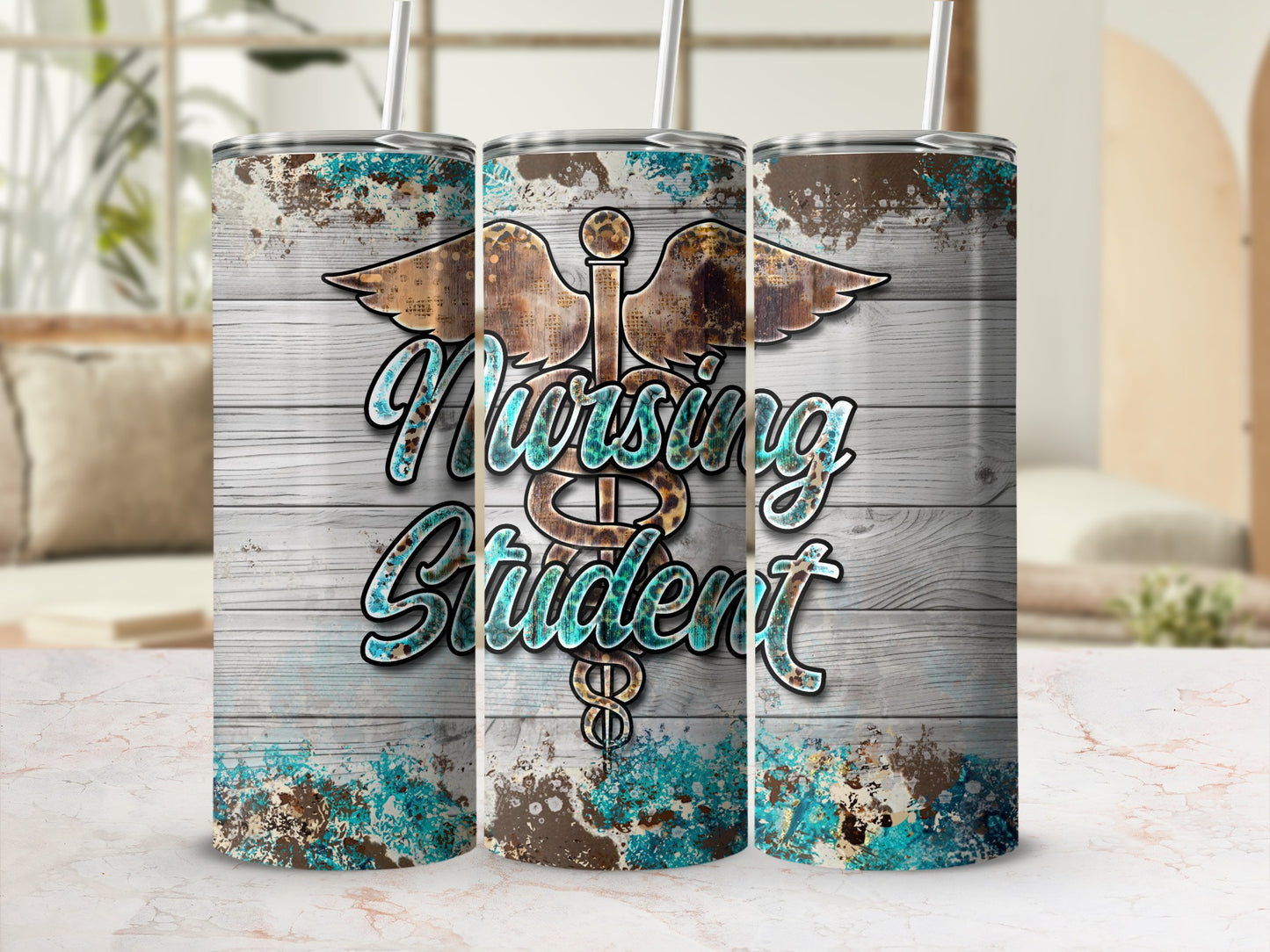 "Nursing Student" text on a distressed wood background with a caduceus symbol.