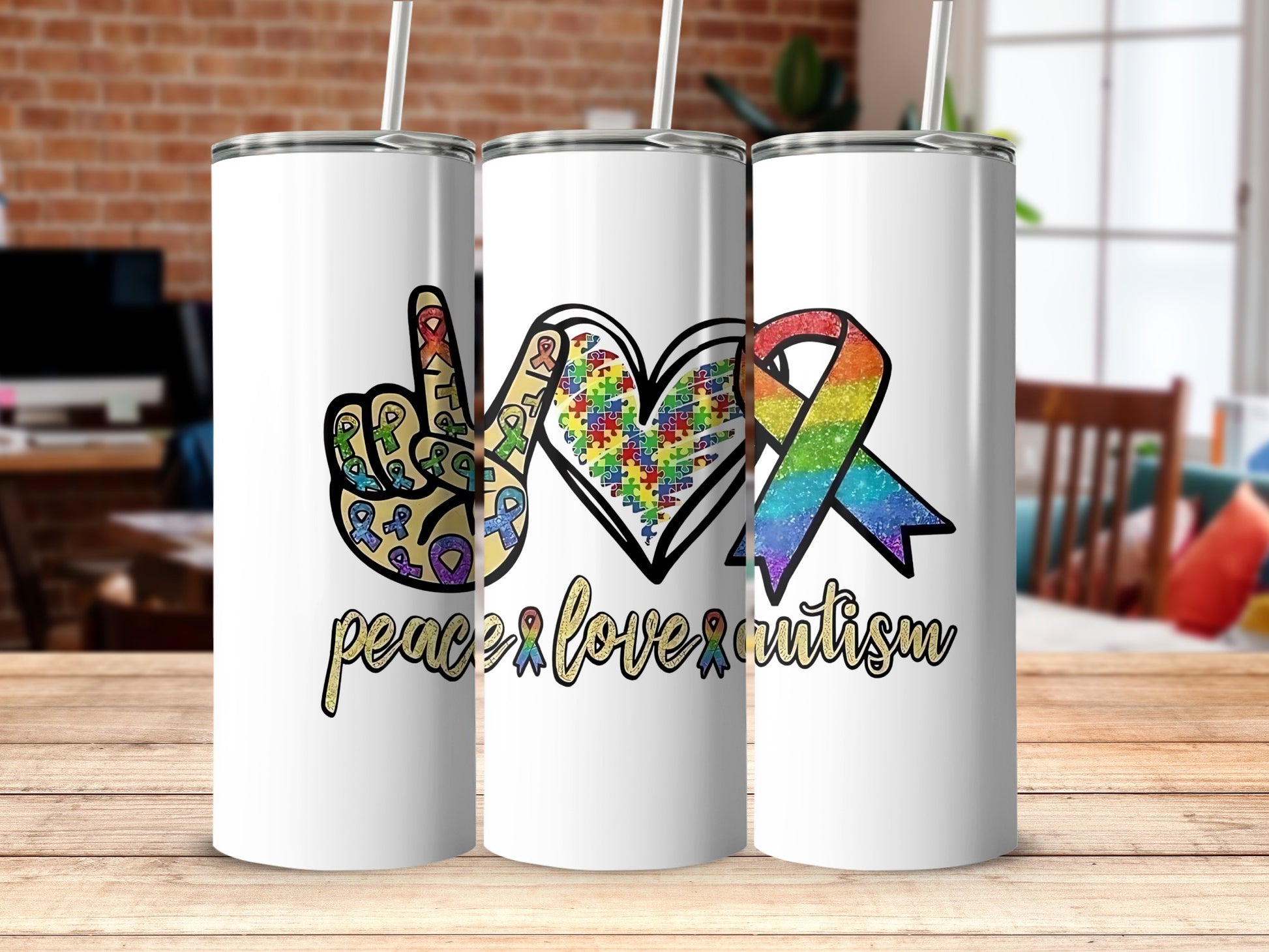 Peace Love Autism Tumbler with Colorful Designs