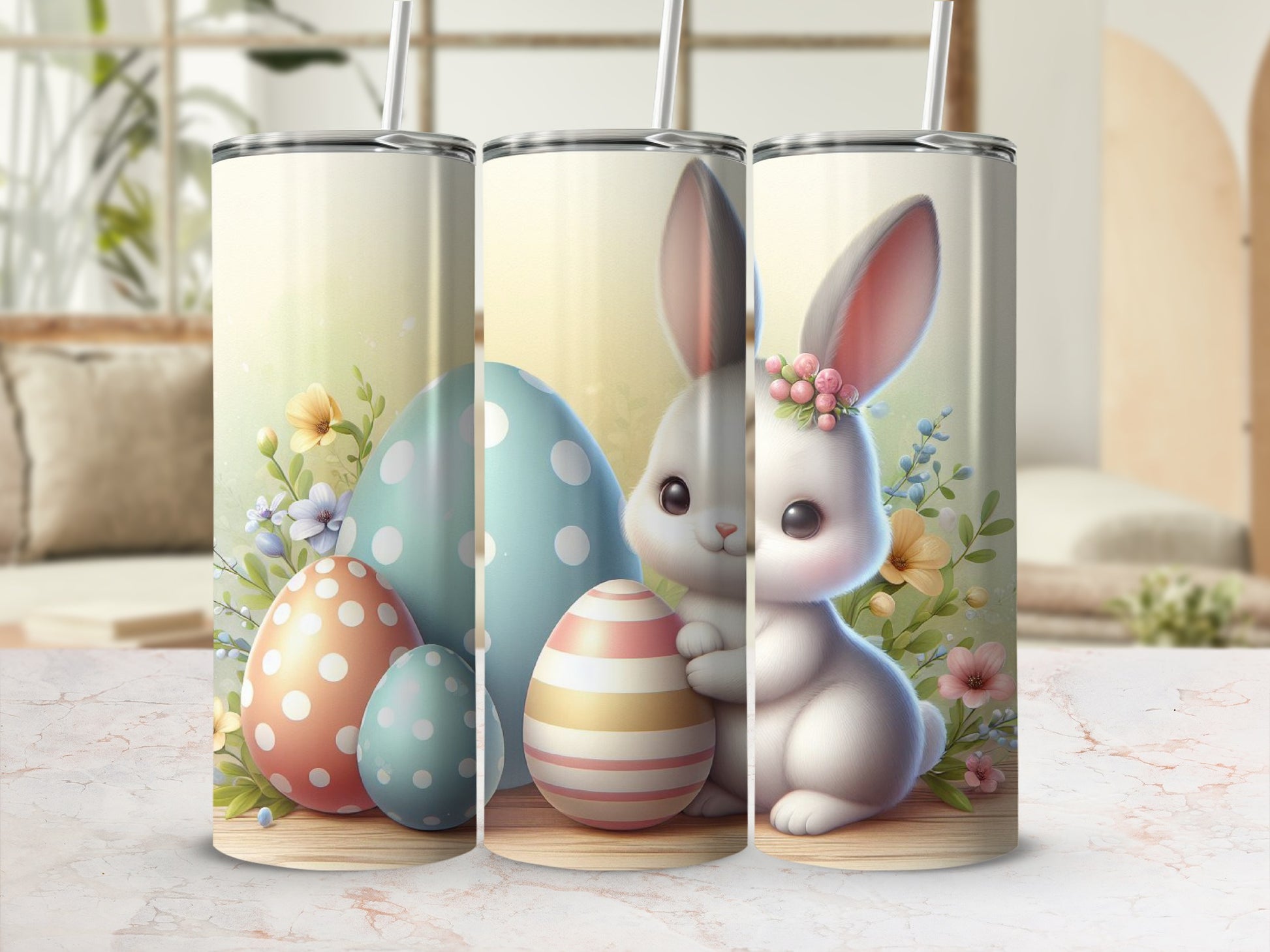 Easter bunny with patterned eggs and spring flowers on a tumbler.