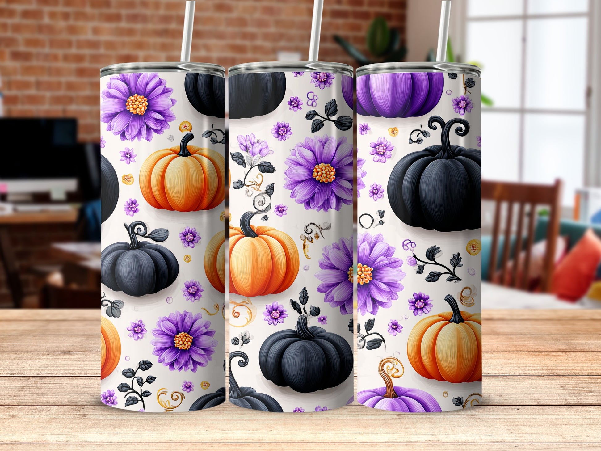 Halloween Pumpkin and Purple Flower Tumbler