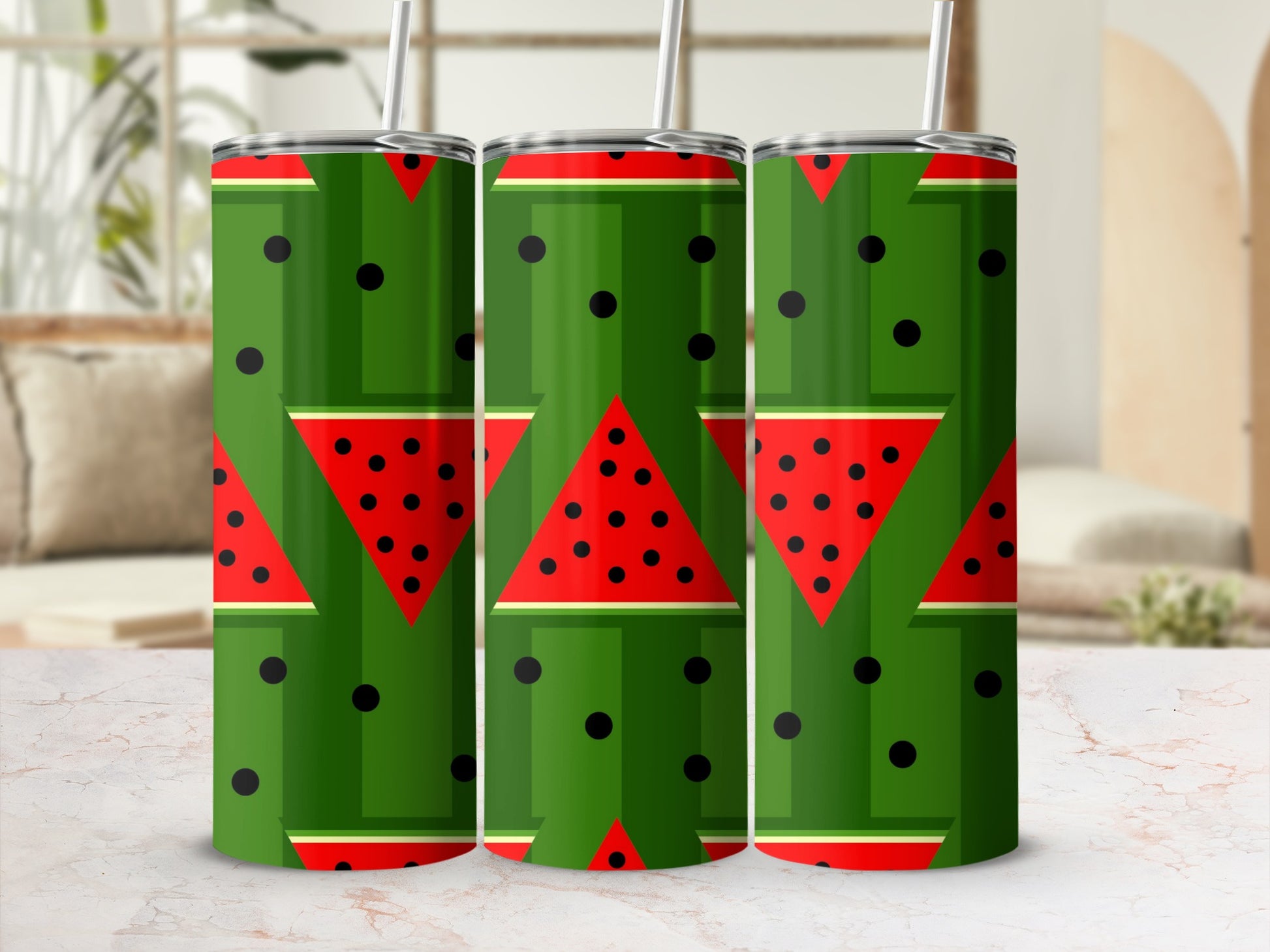 Three tumblers with a green watermelon slice and black dot pattern.