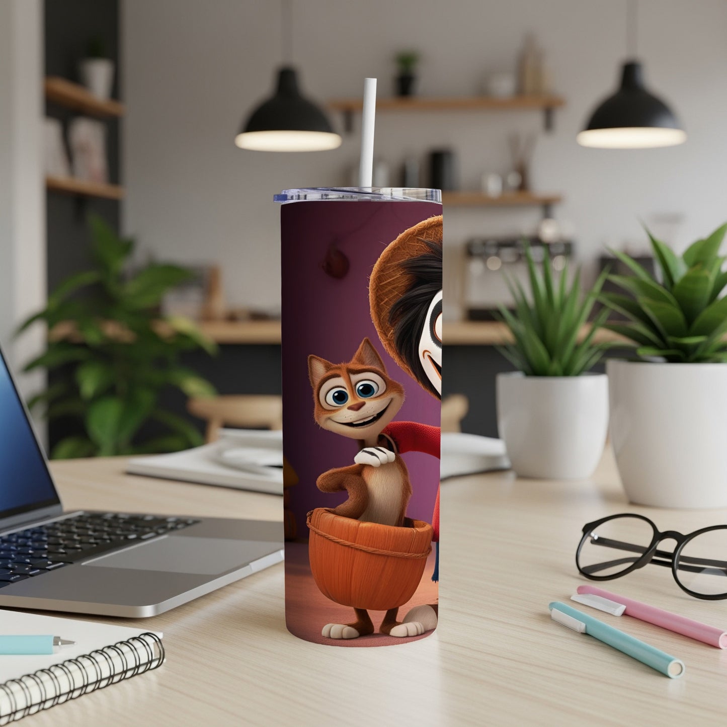 Animated characters, a cat in a basket and a boy, on a purple tumbler.