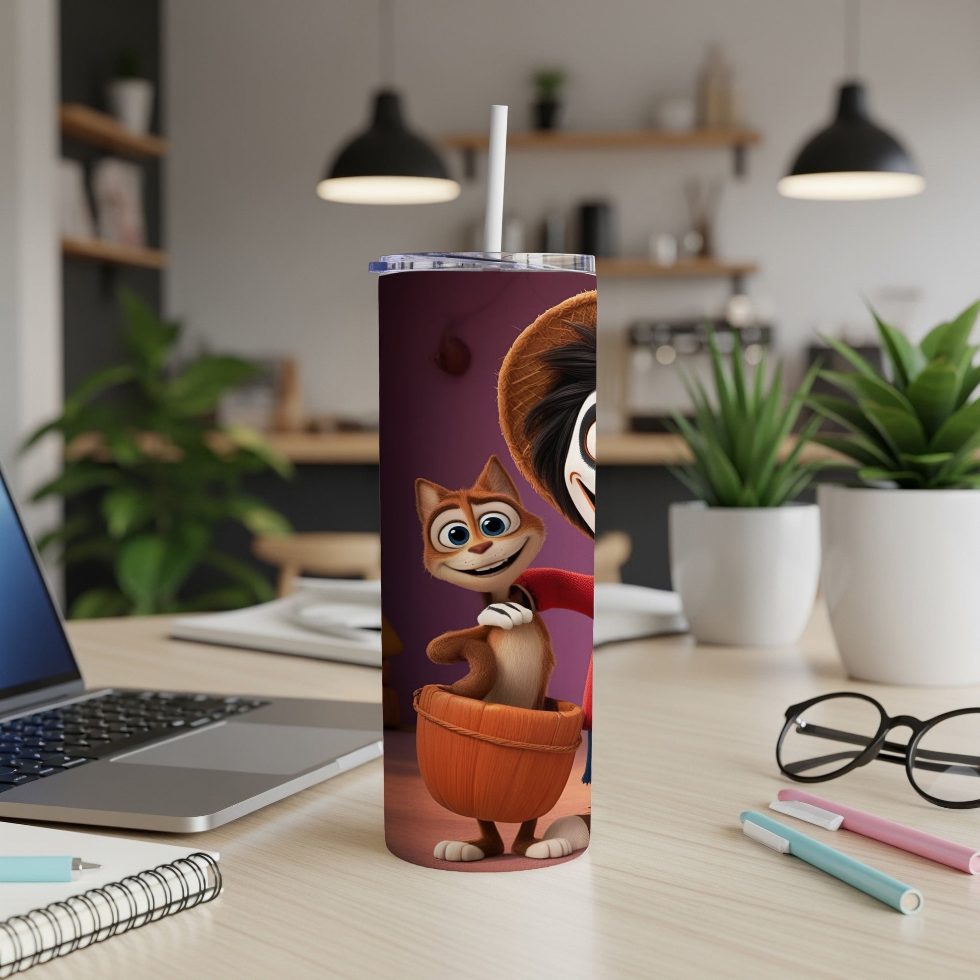 Animated characters, a cat in a basket and a boy, on a purple tumbler.