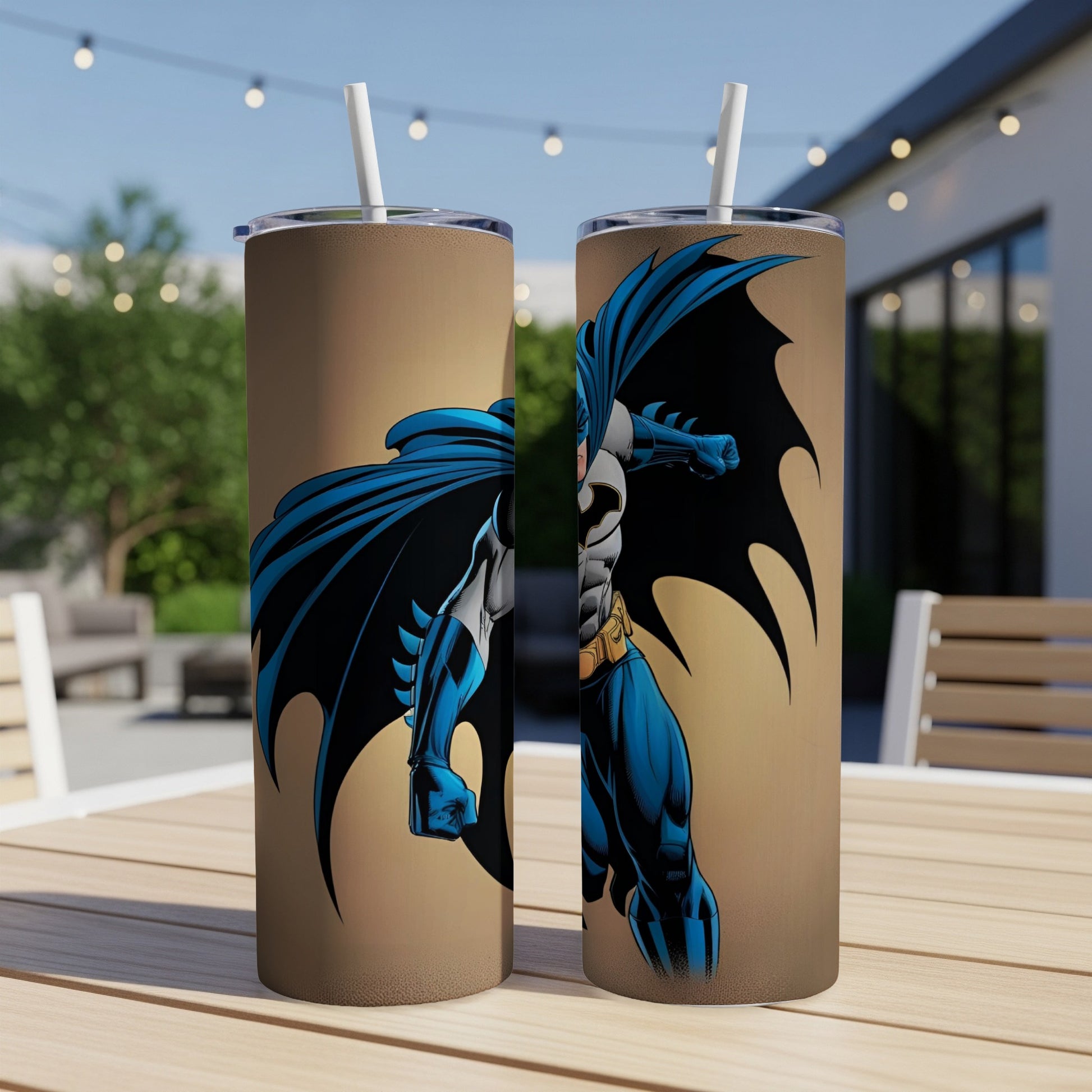 Batman tumbler with a brown background and outdoor patio setting.
