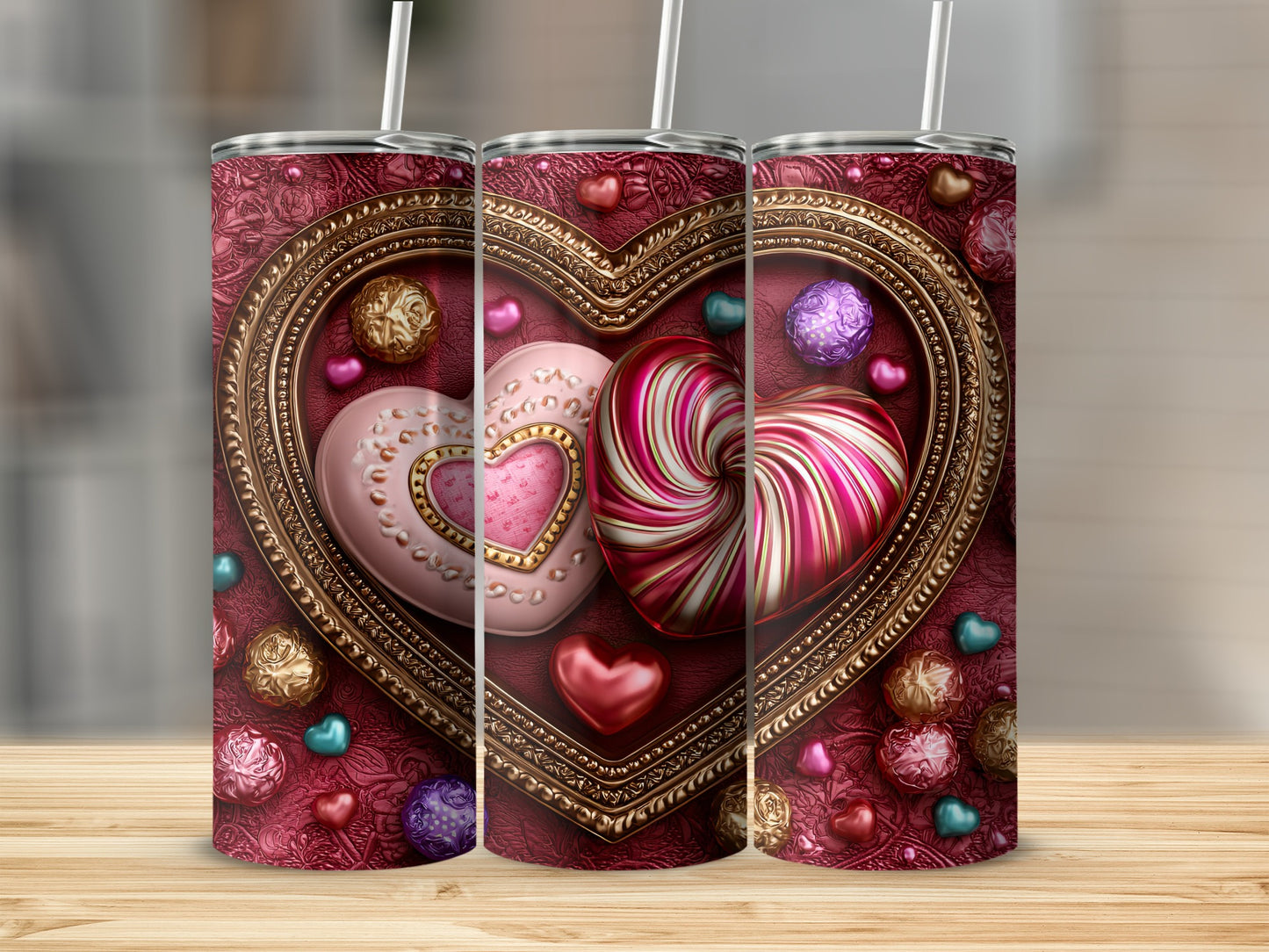 Heart Themed Decorative Tumblers With Straw Set