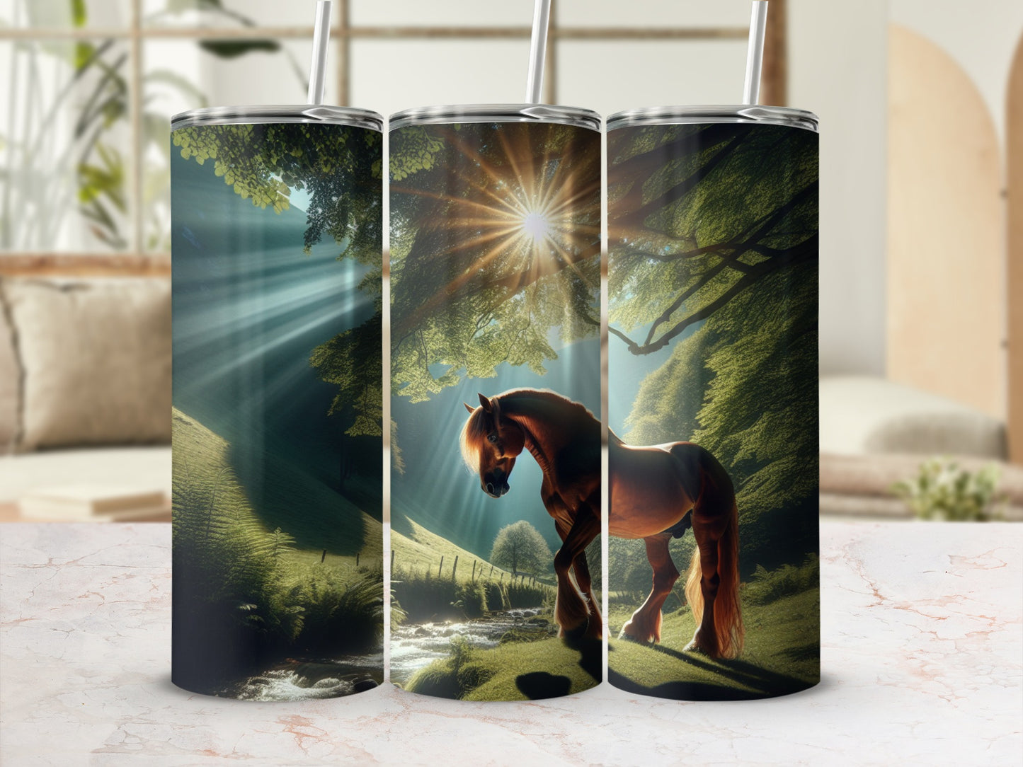 Three tumblers with a horse in a sunlit forest scene.