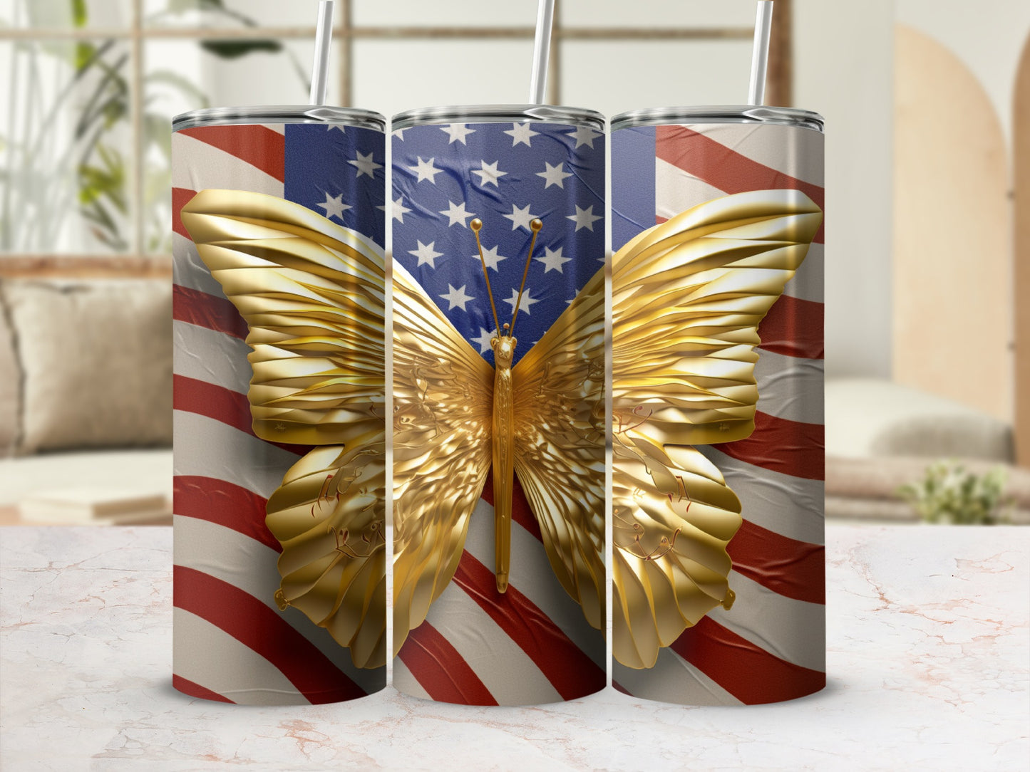 Gold butterfly on US flag tumbler cups with straws.