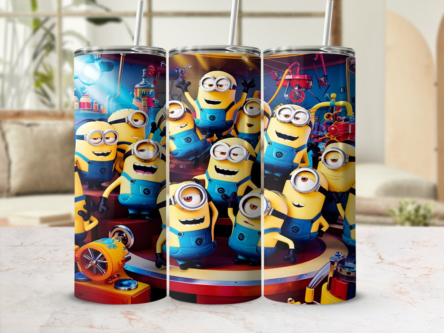 Minions gathered around a colorful machine in a workshop setting.