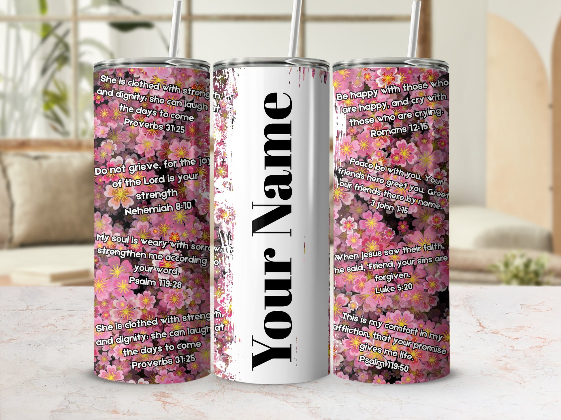 Personalizable Floral Design Tumbler with Bible Verses