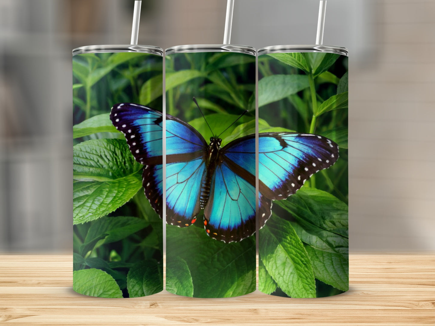 Blue butterfly on green leaves, featured on three tumblers.