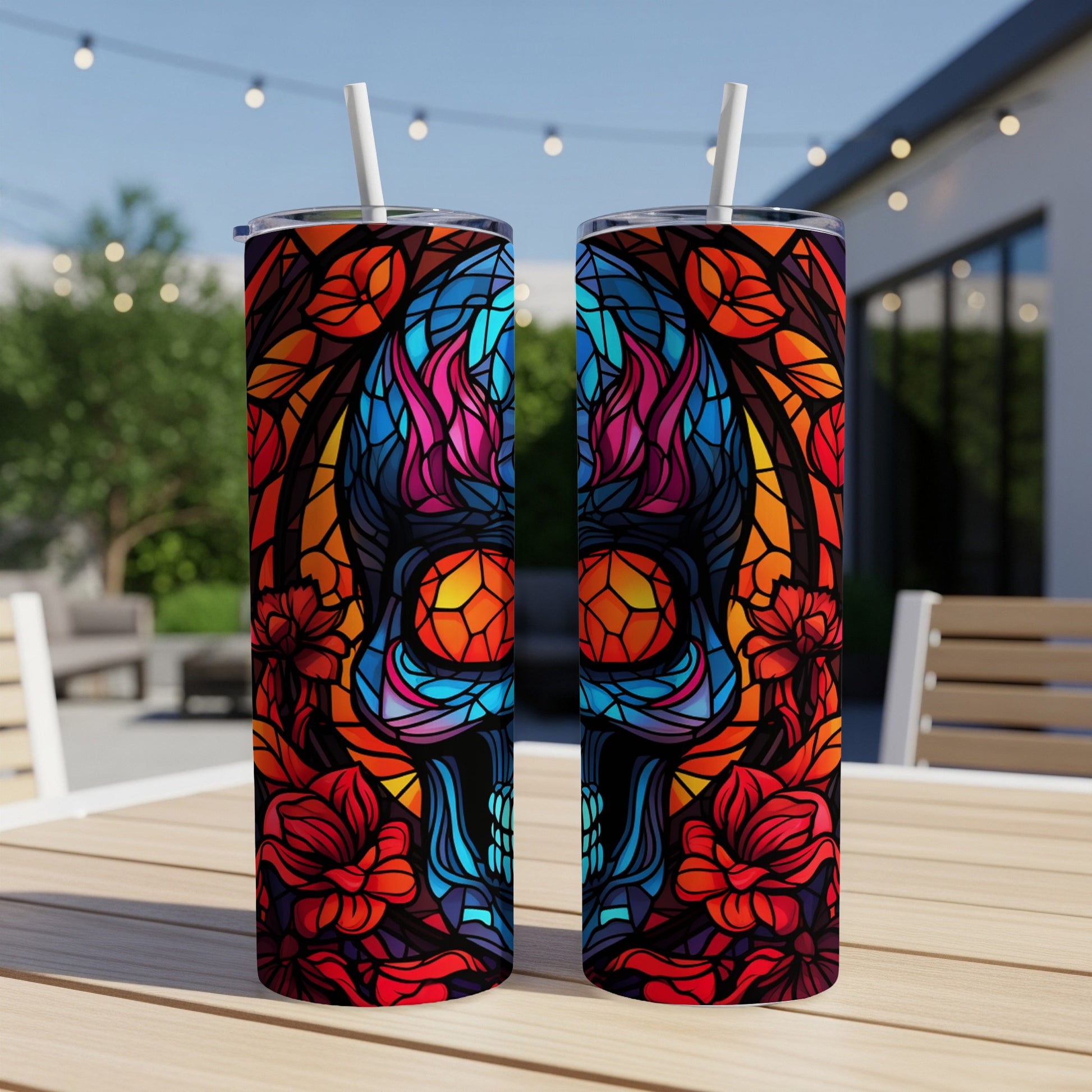 Two tall tumblers with colorful stained-glass skull and floral designs.