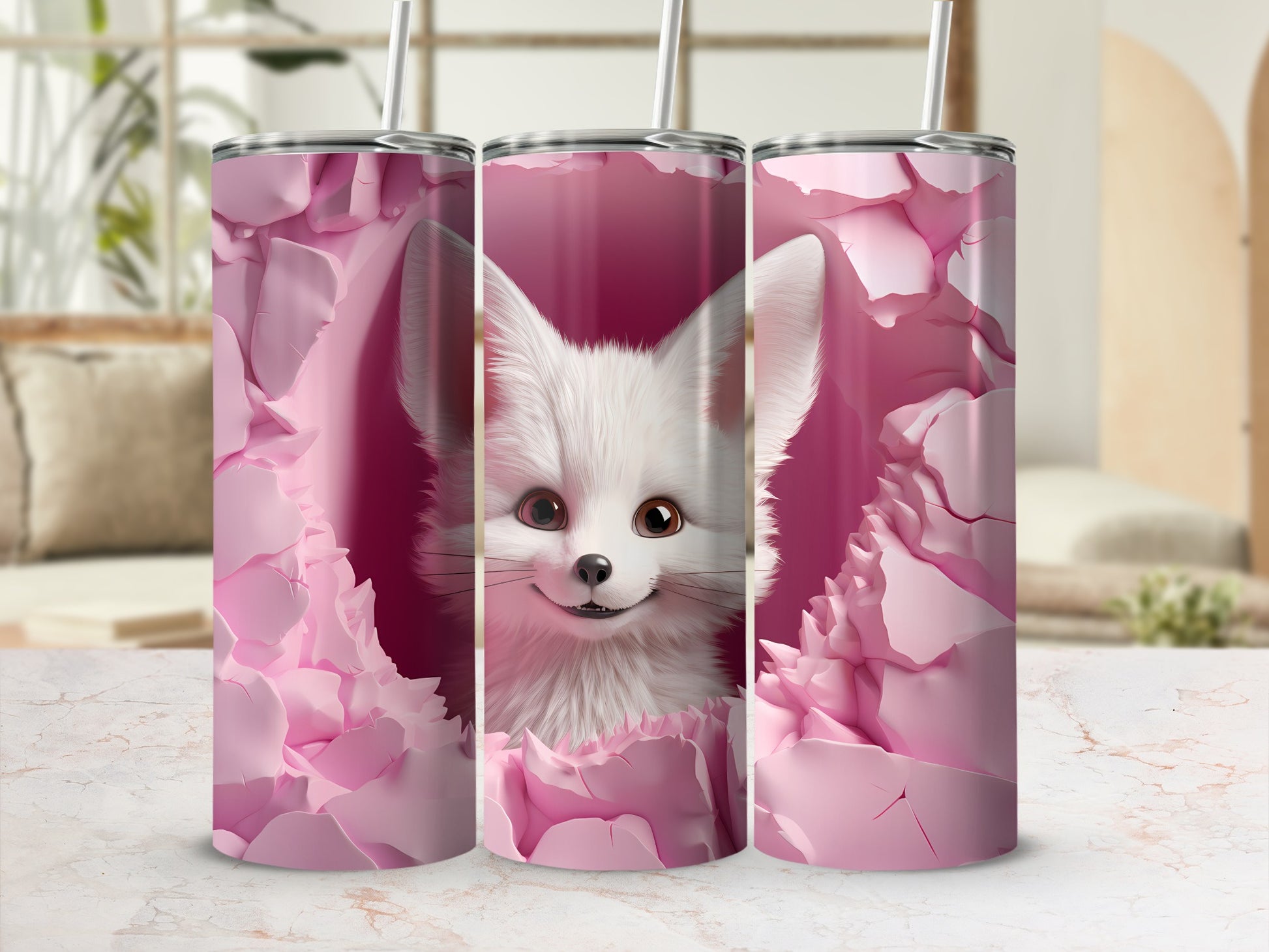 Adorable White Fox Peeking Through Pink Cracks Tumbler