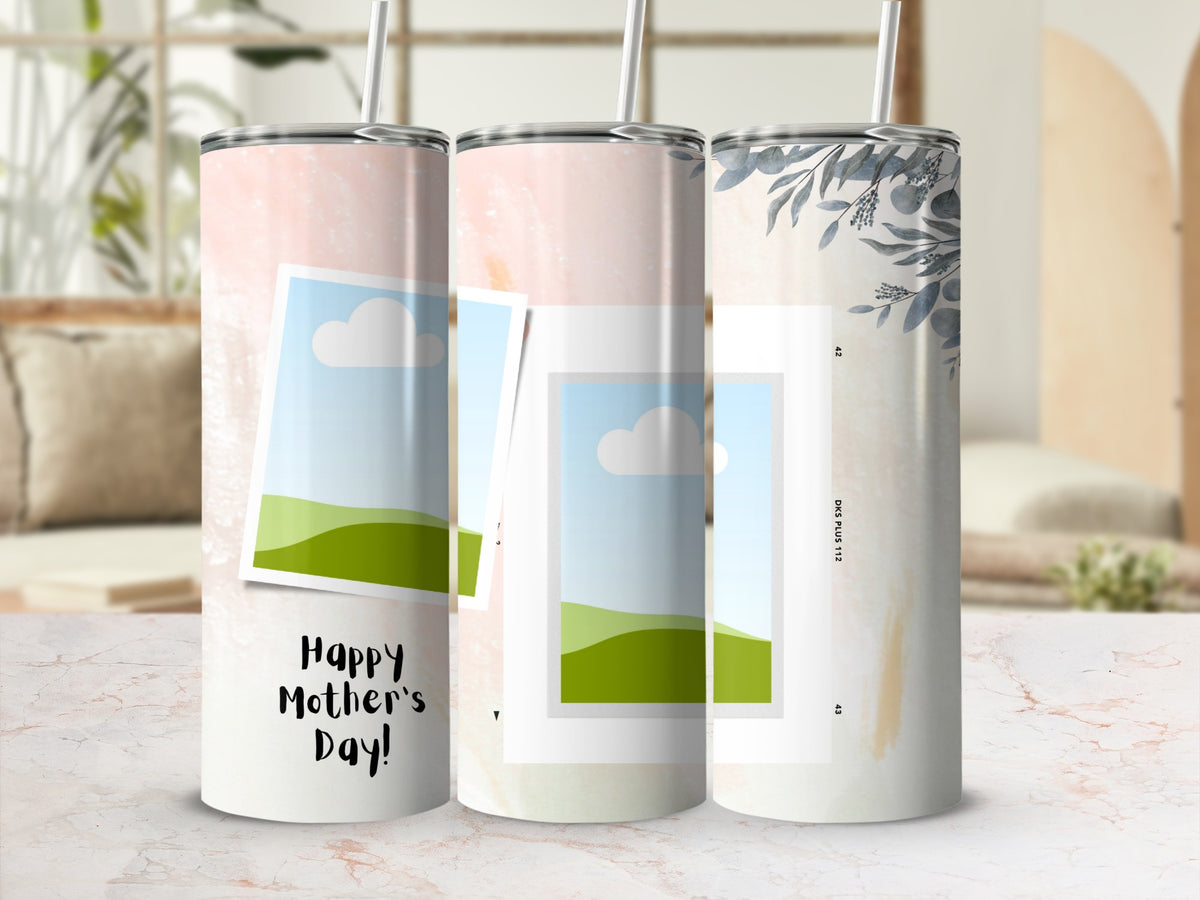 Three tumblers with photographic and floral designs, one reads "Happy Mother's Day!".