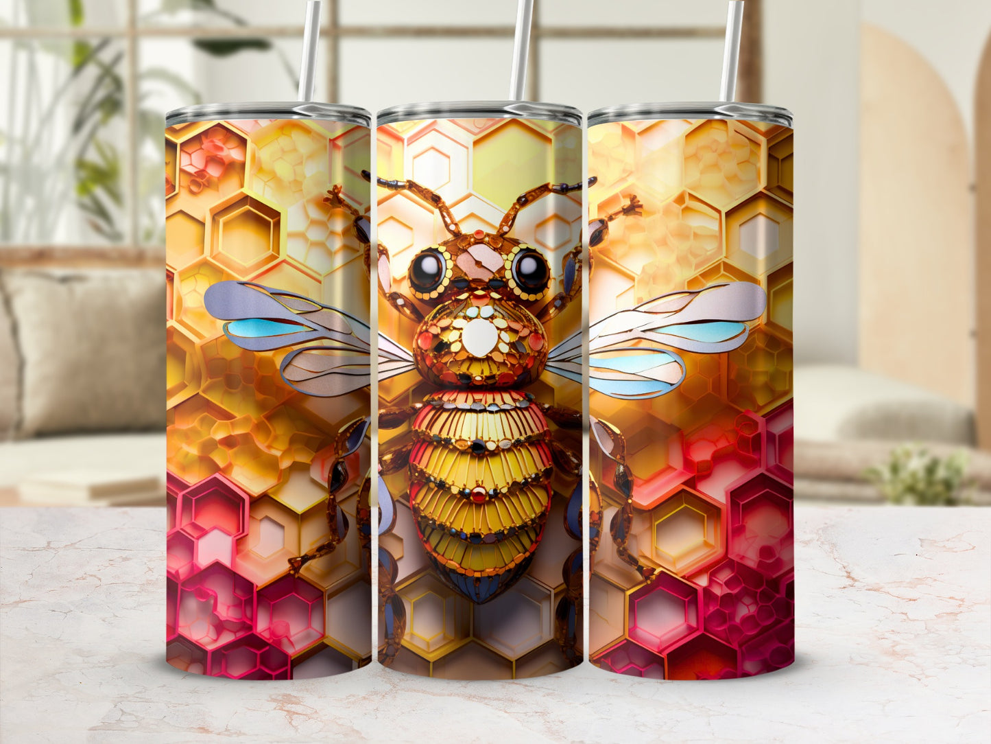 Colorful Mosaic Bee Honeycomb Tumbler Design product type