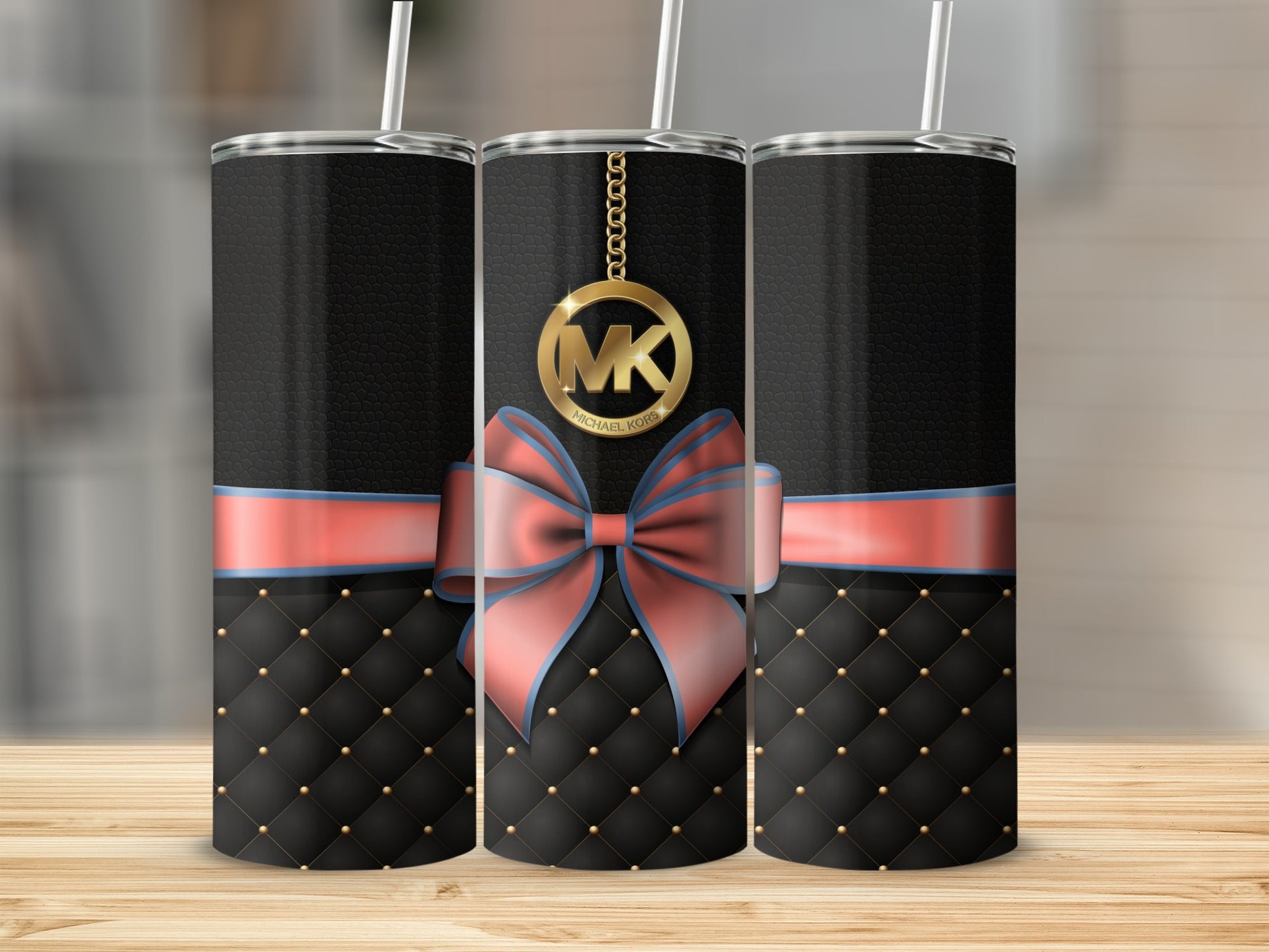 Black Quilted Tumbler with Pink Bow and MK Pendant Design