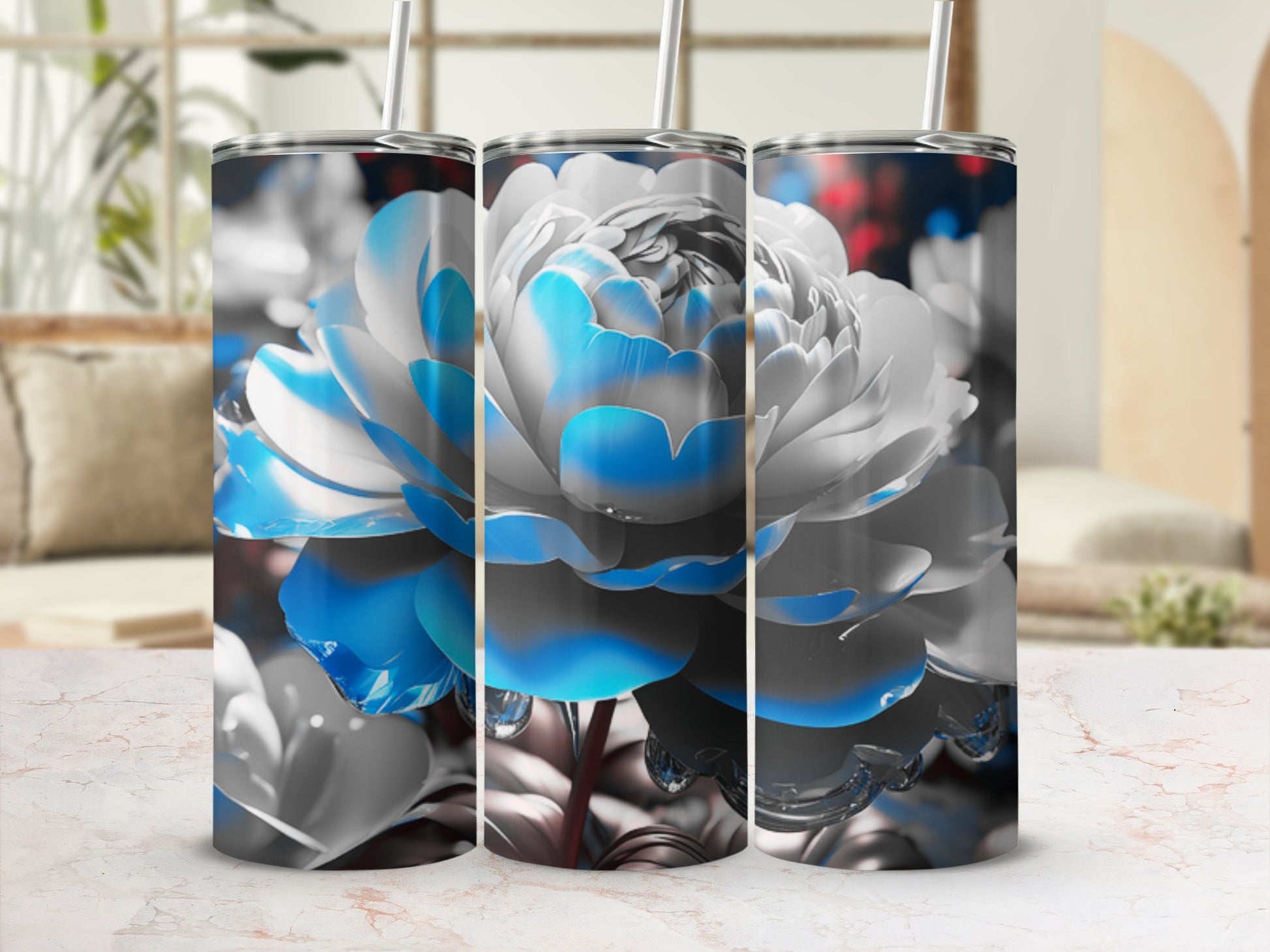 Three tumblers featuring a close-up blue and white peony flower design.
