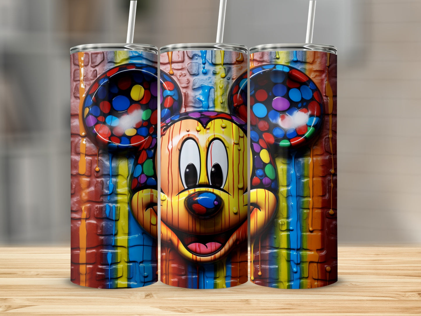 Vibrant Mickey Mouse Tumbler with Colorful Drips Design