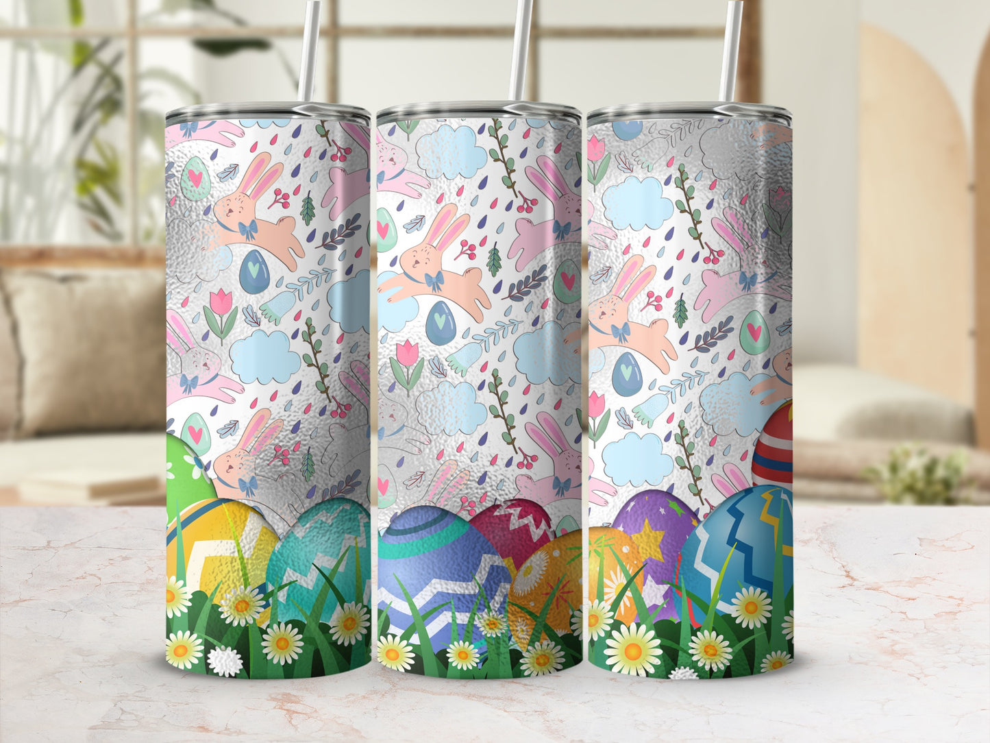 Easter bunny and egg patterned tumbler cups with straws.