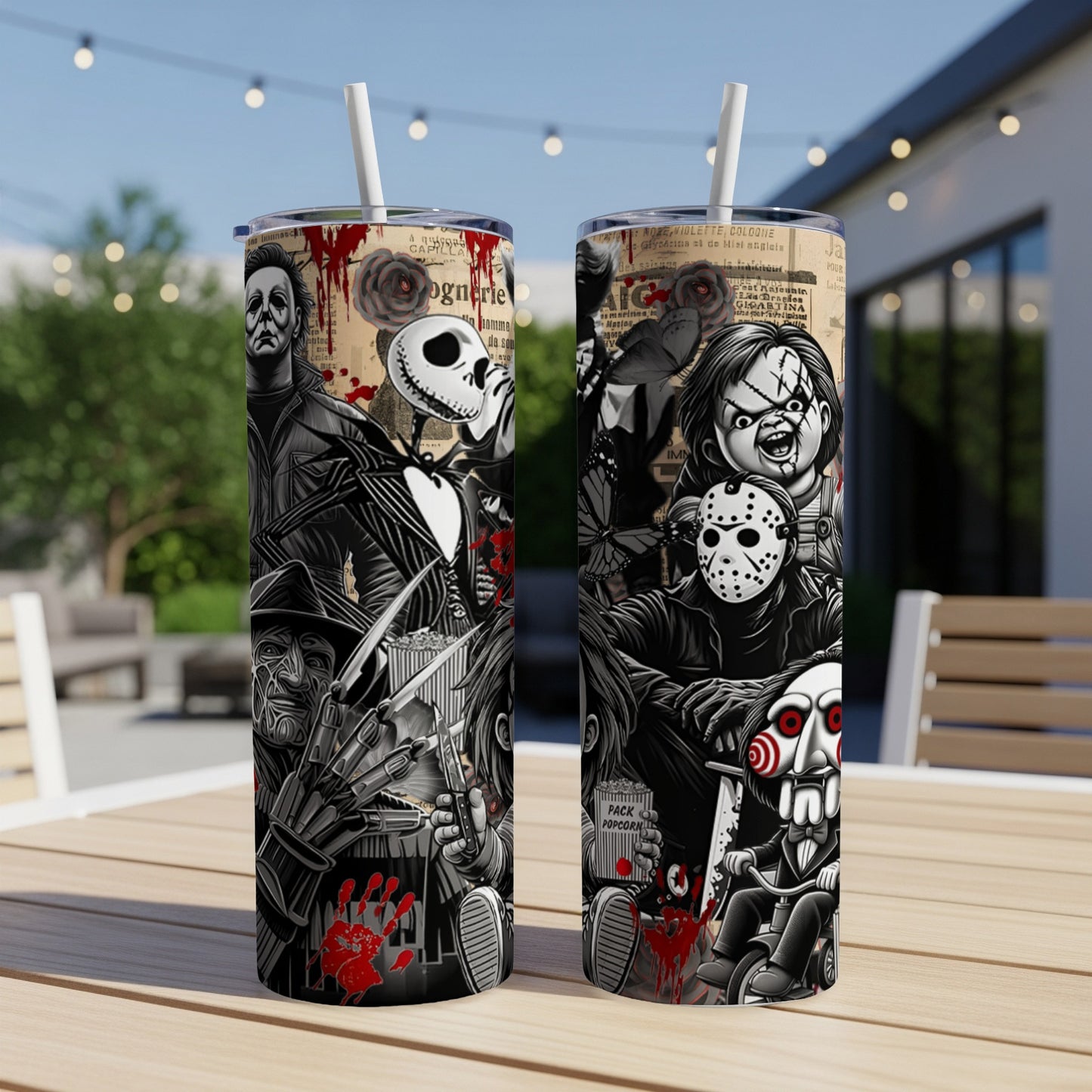 Two tumblers with horror movie characters, including Jack Skellington, Freddy Krueger, and Jigsaw.