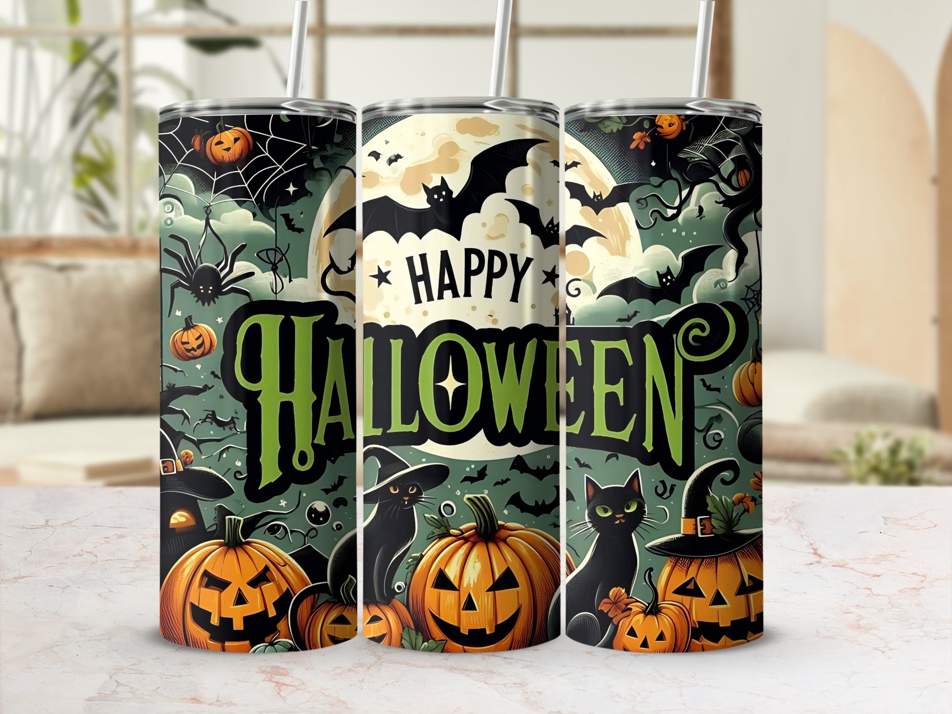 Happy Halloween Pumpkin and Cat-themed Tumbler