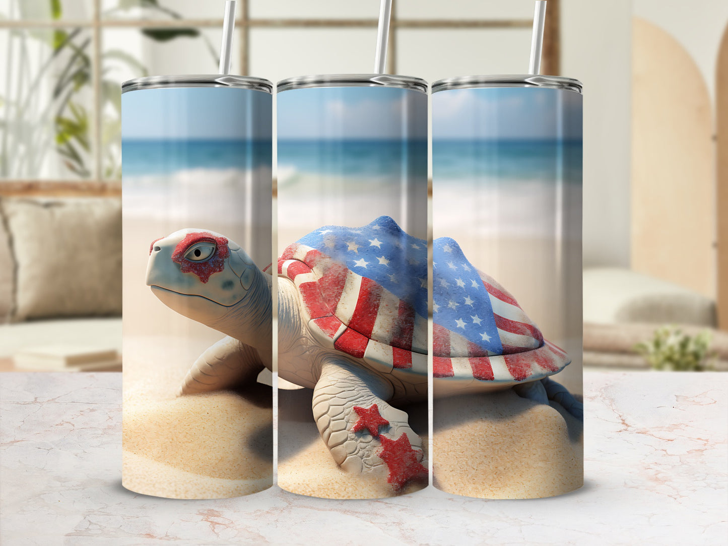 Tumbler with a sea turtle decorated with the American flag on a sandy beach.