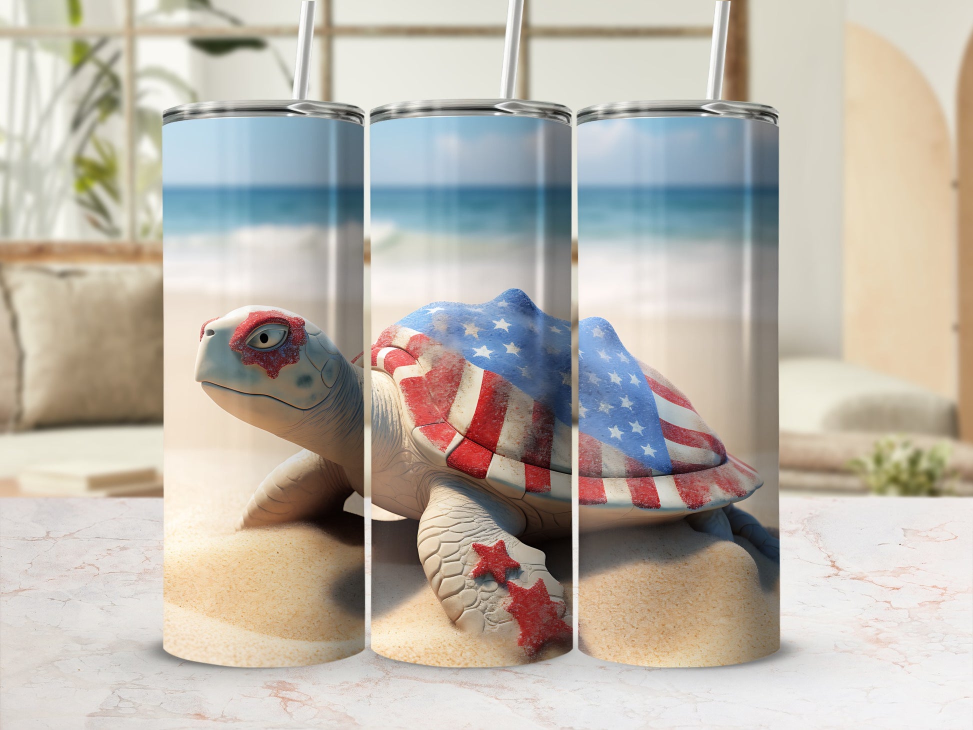Tumbler with a sea turtle decorated with the American flag on a sandy beach.