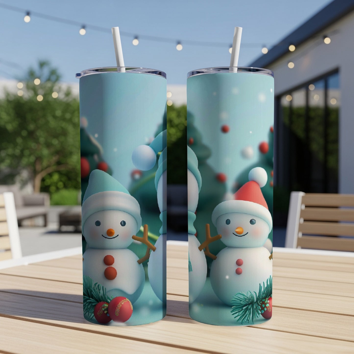 Two tall snowmen with red and blue hats on a table, Christmas decorations.