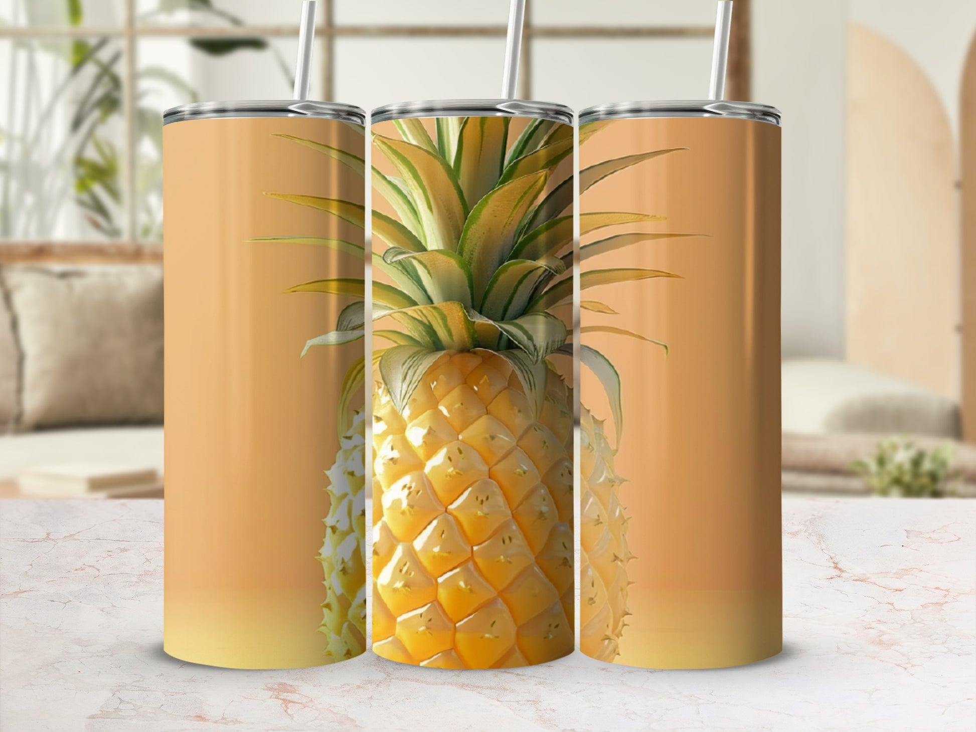 Three tumblers featuring a close-up pineapple design on an orange gradient.