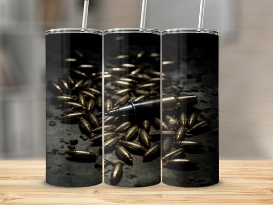 Three tumblers featuring a design of scattered bullets and one large bullet.
