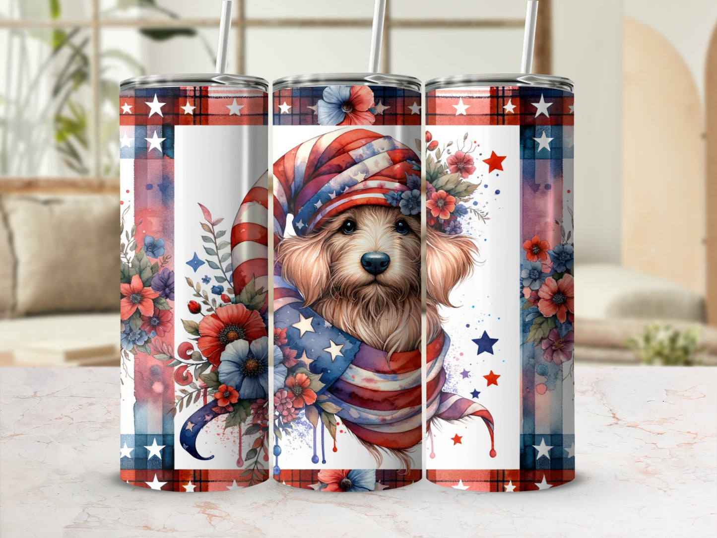 Golden retriever wearing patriotic bandana and striped hat, surrounded by flowers.
