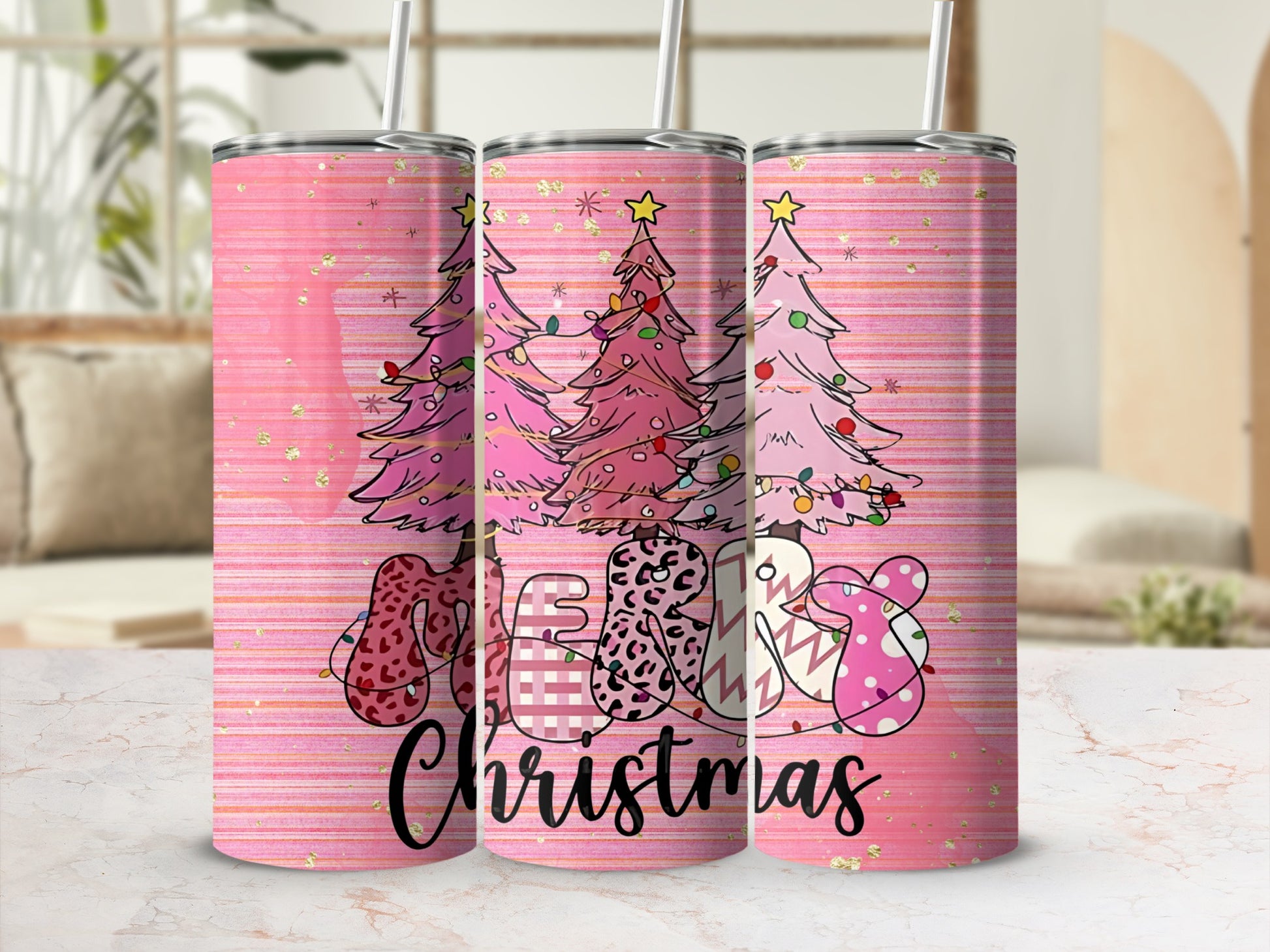 Merry Christmas Pink Tumbler with Festive Tree Design